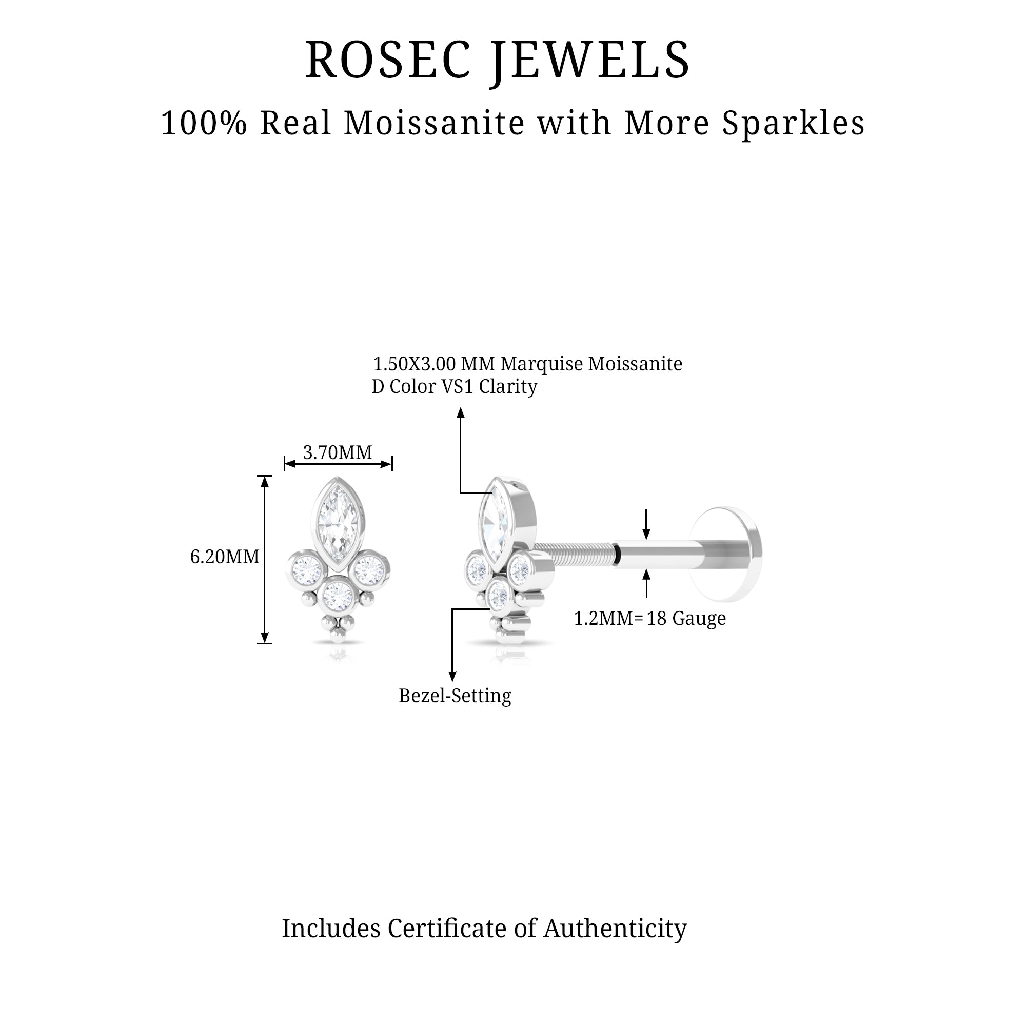 Bezel Set Moissanite Designer Earring for Conch Piercing D-VS1 - Rosec Jewels