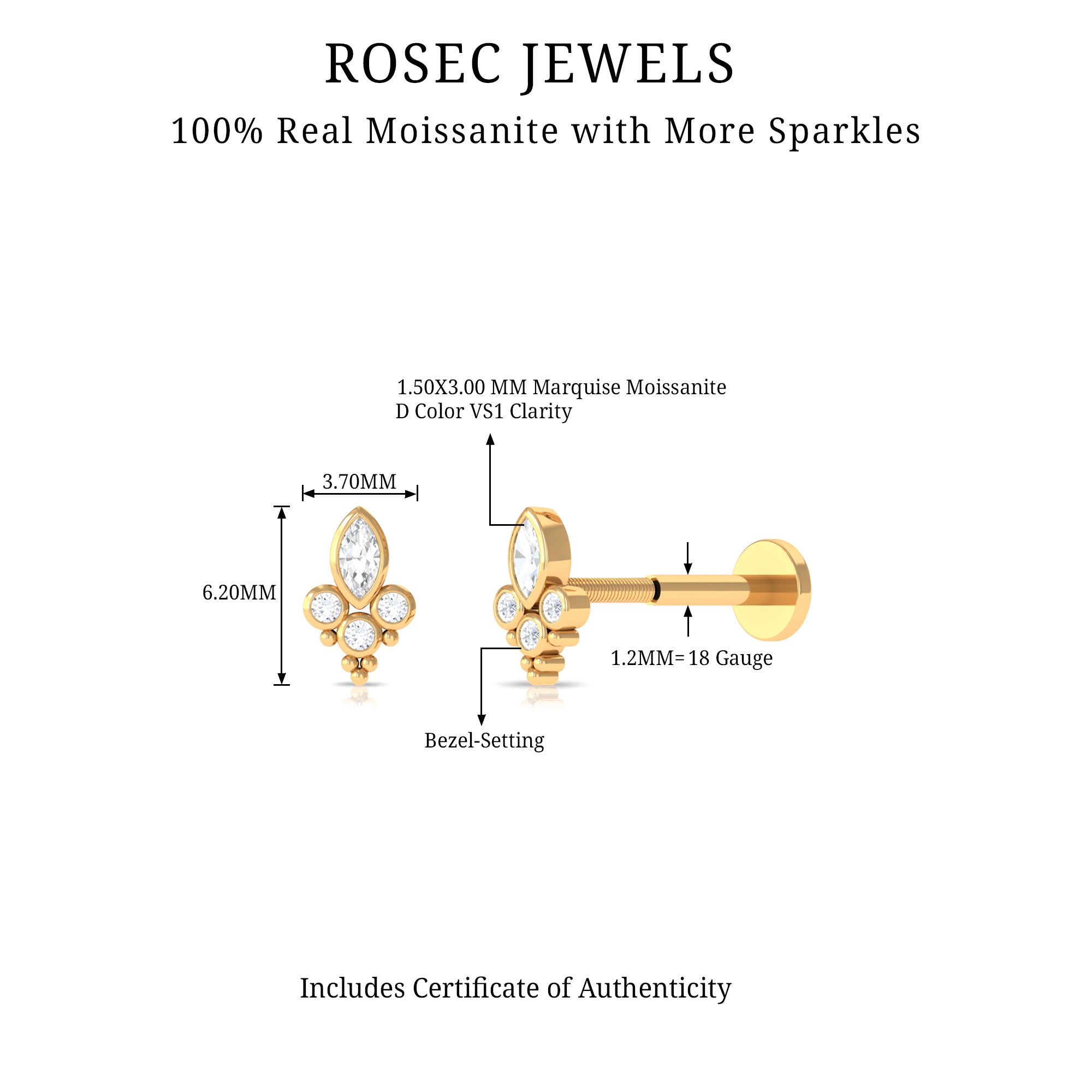 Bezel Set Moissanite Designer Earring for Conch Piercing D-VS1 - Rosec Jewels