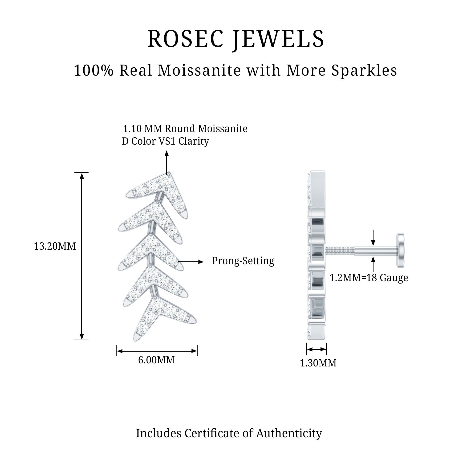 Certified Moissanite Leaf Crawler Earring for Helix Piercing D-VS1 - Rosec Jewels