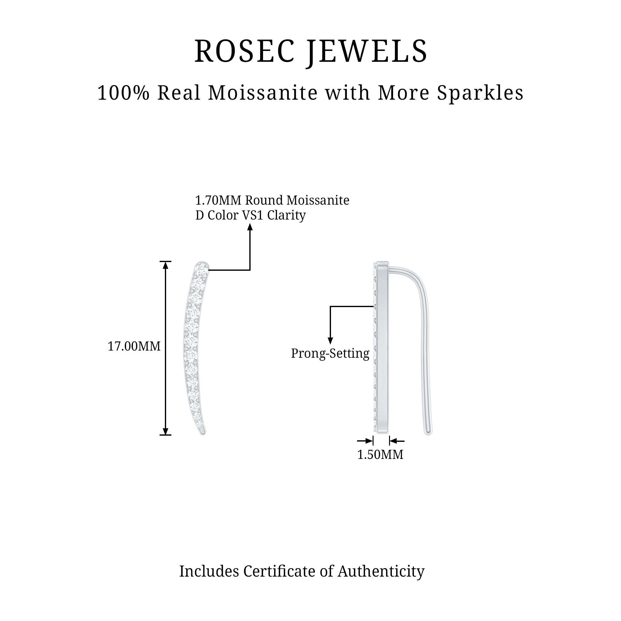 Minimalist Moissanite Curved Climber Earring D-VS1 - Rosec Jewels