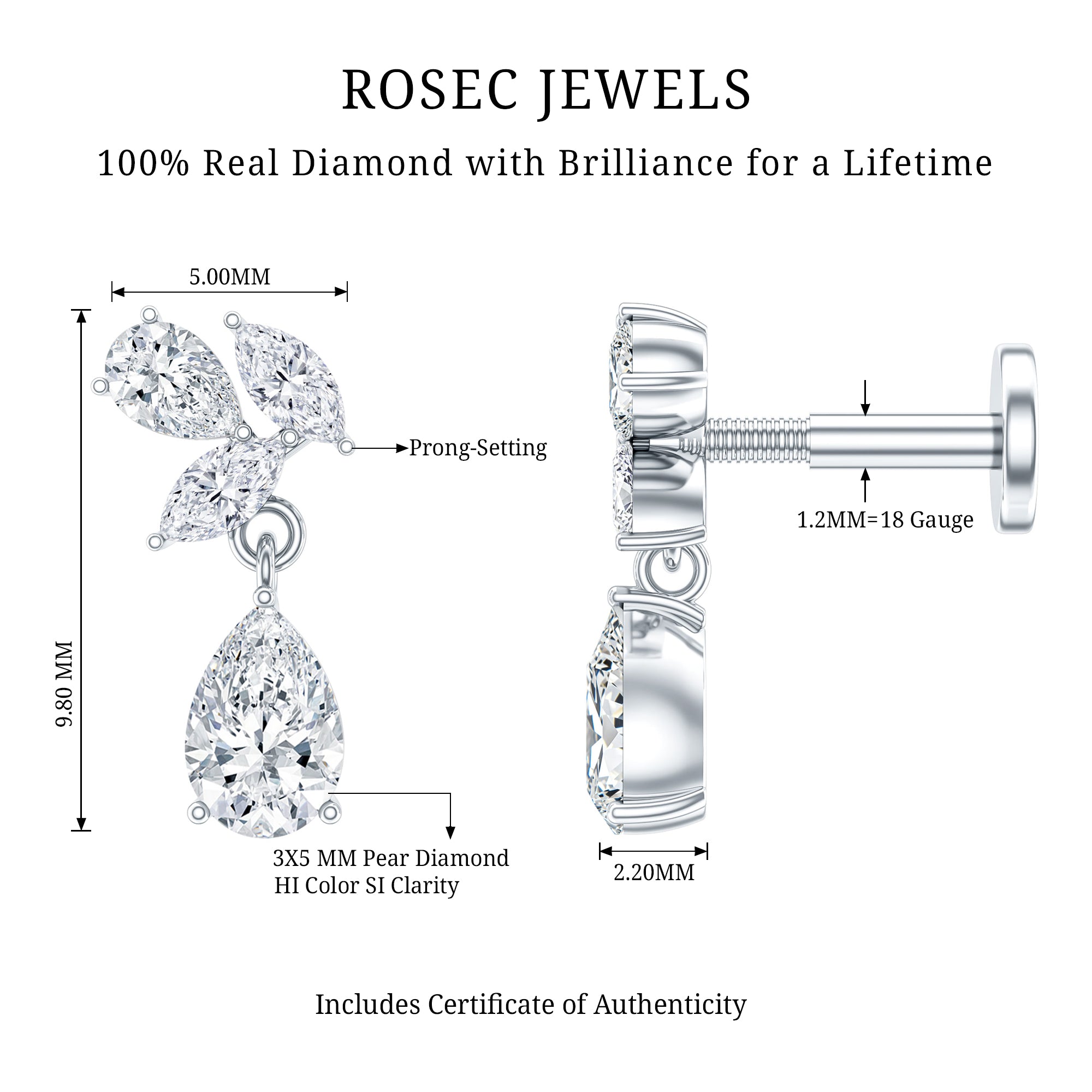 Natural Diamond Teardrop Cartilage Earring With Certificate Natural - ( HI-SI ) - Rosec Jewels