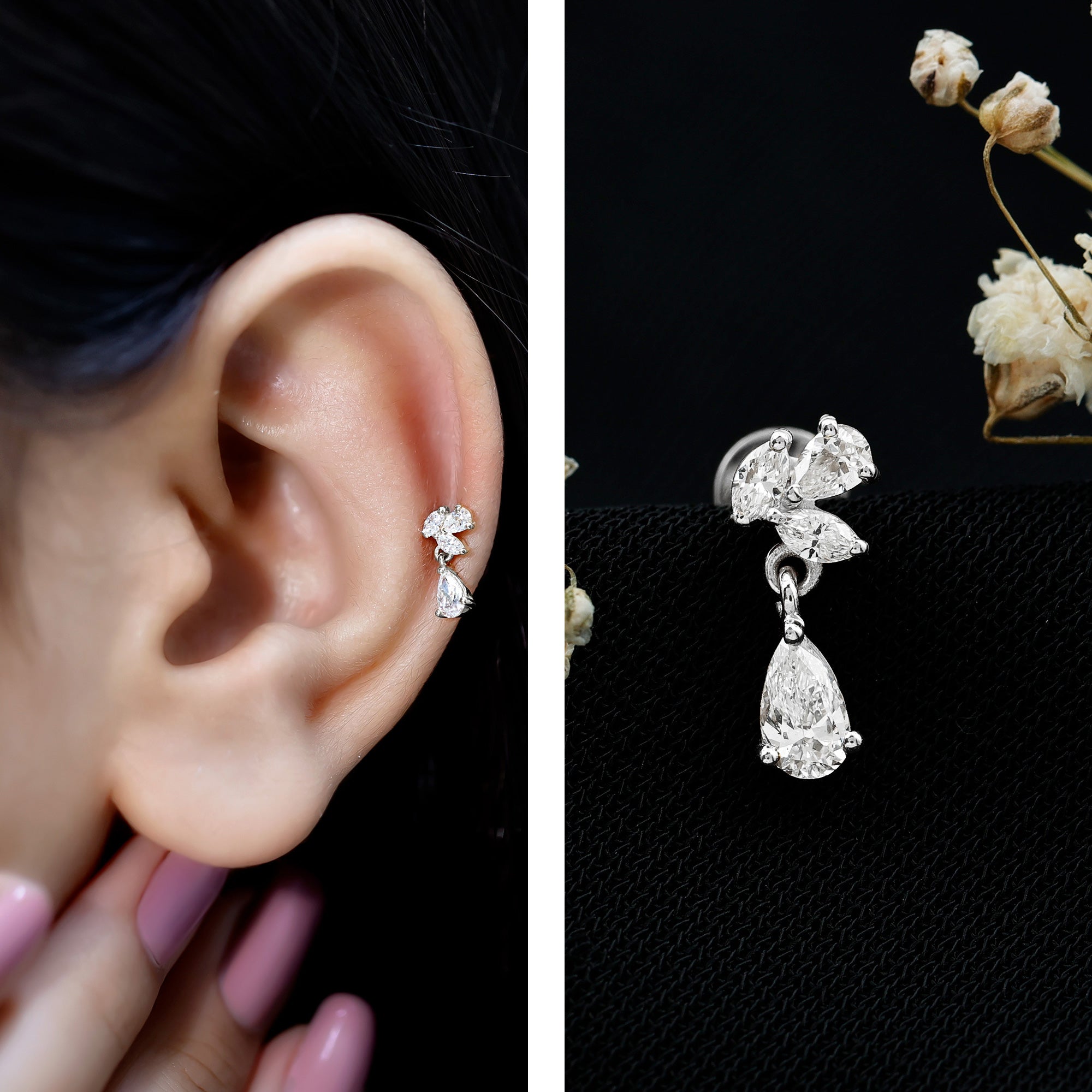 Natural Diamond Teardrop Cartilage Earring With Certificate Natural - ( HI-SI ) - Rosec Jewels