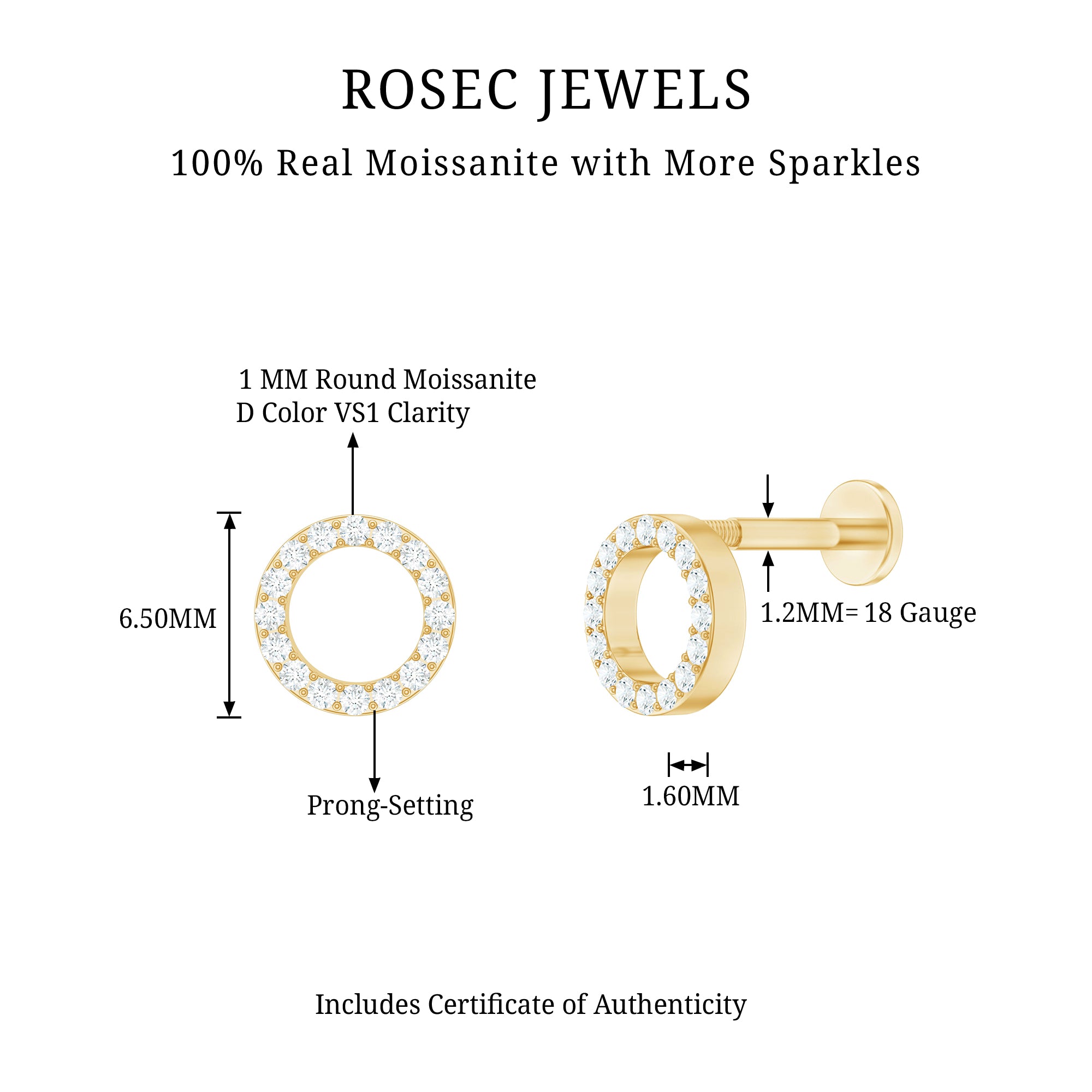 Minimal Moissanite Circle Helix Earring for Women D-VS1 - Rosec Jewels