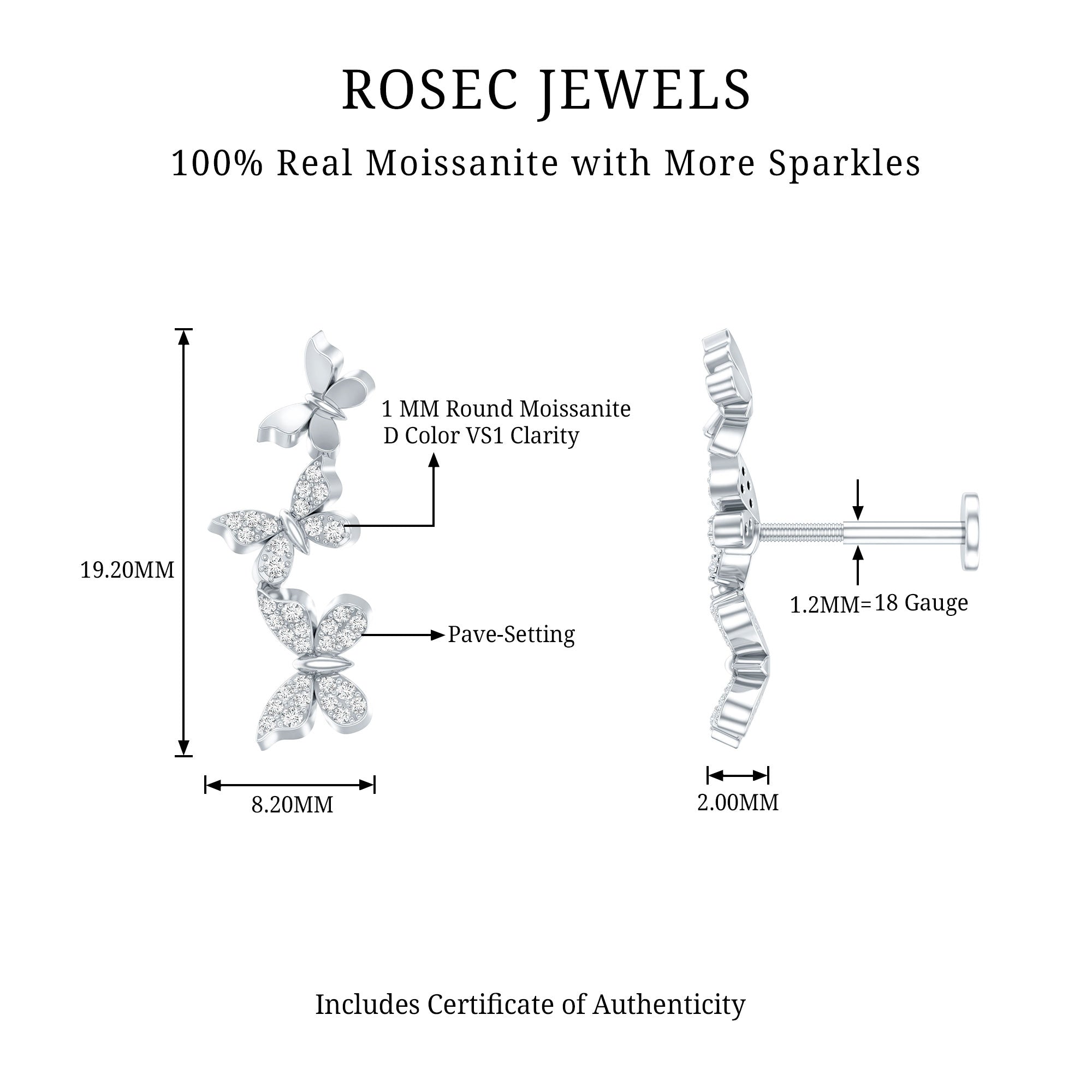 Moissanite Butterfly Climber Earring for Helix Piercing D-VS1 - Rosec Jewels