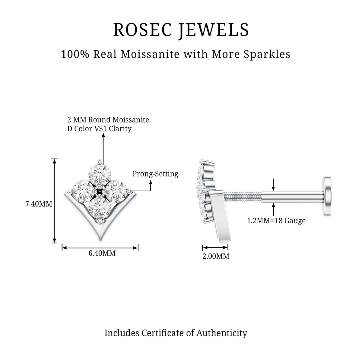 Certified Moissanite Floral Cluster Cartilage Earring D-VS1 - Rosec Jewels