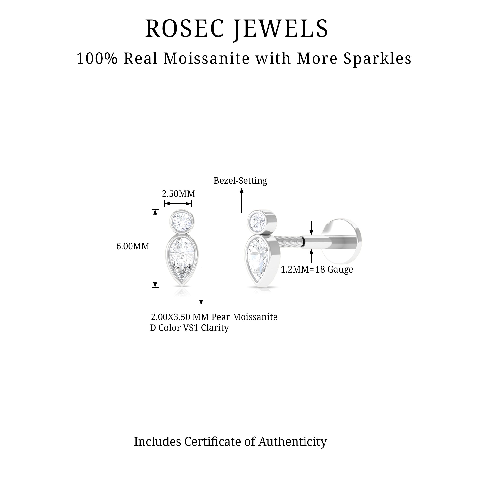 Dainty Pear and Round Cut Moissanite Tragus Earring D-VS1 - Rosec Jewels