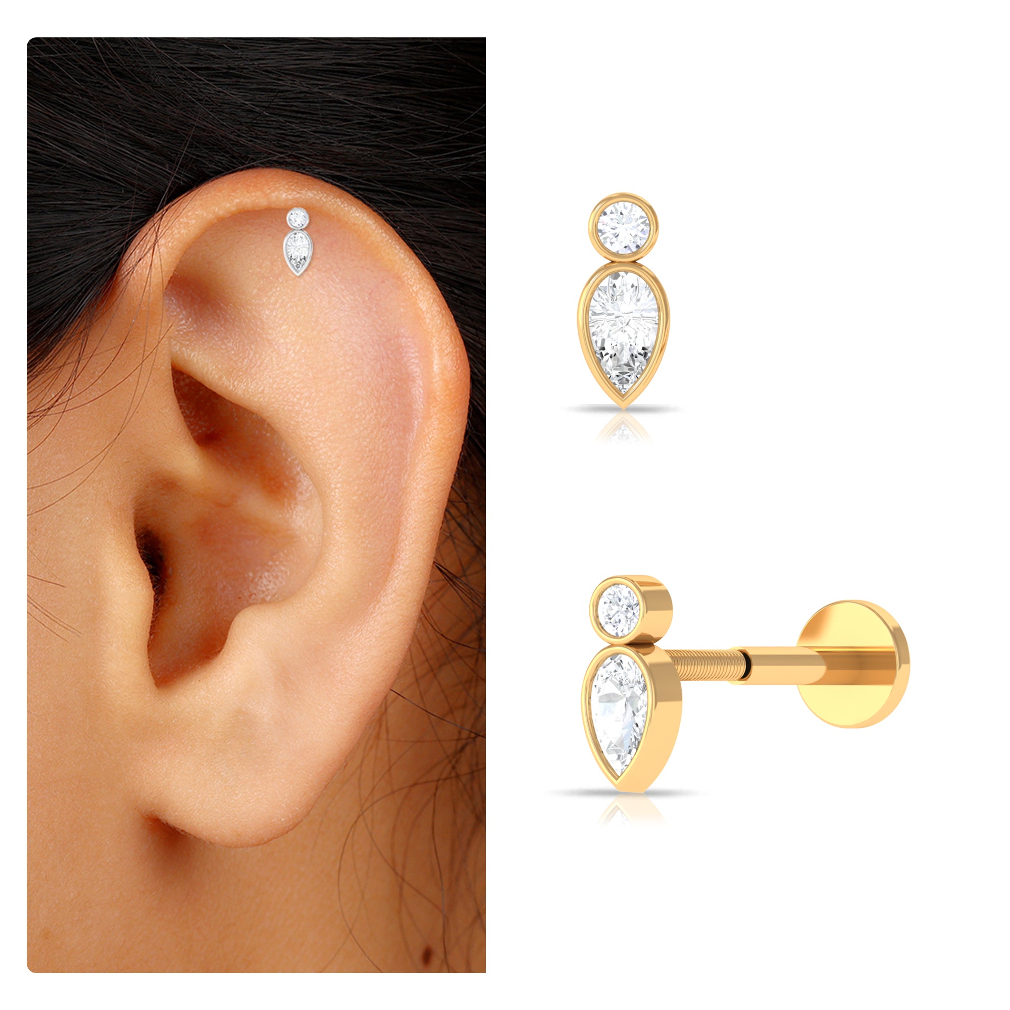 Dainty Pear and Round Cut Moissanite Tragus Earring D-VS1 - Rosec Jewels