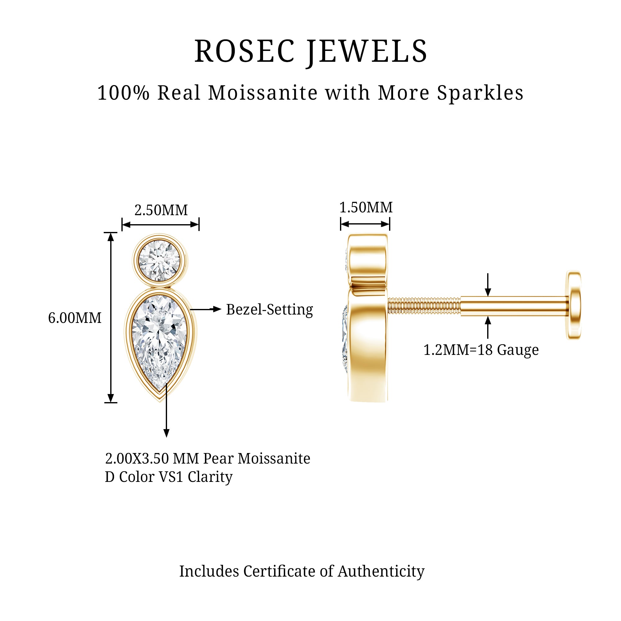 Dainty Pear and Round Cut Moissanite Tragus Earring D-VS1 - Rosec Jewels