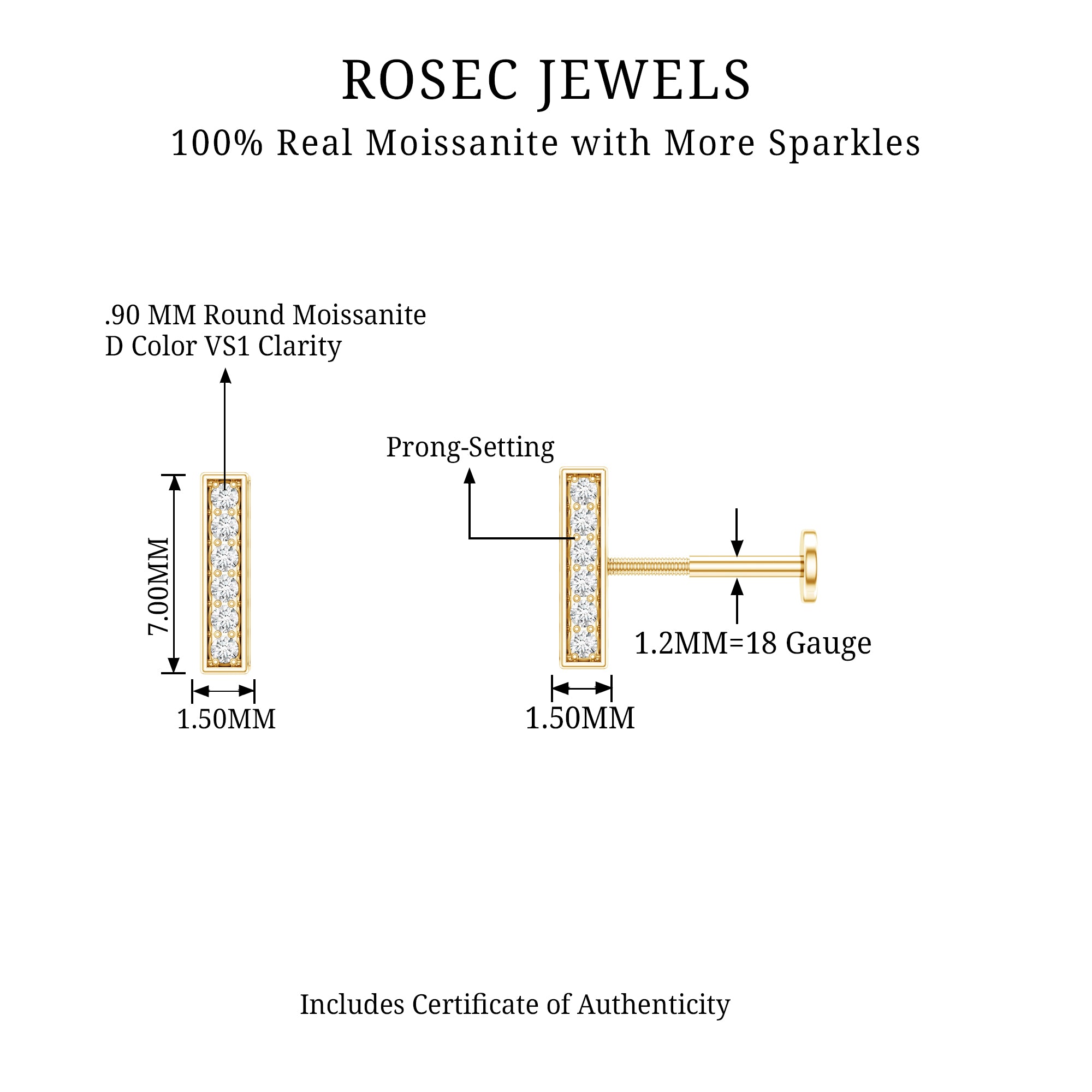 Round Moissanite Bar Earring for Cartilage Piercing D-VS1 - Rosec Jewels