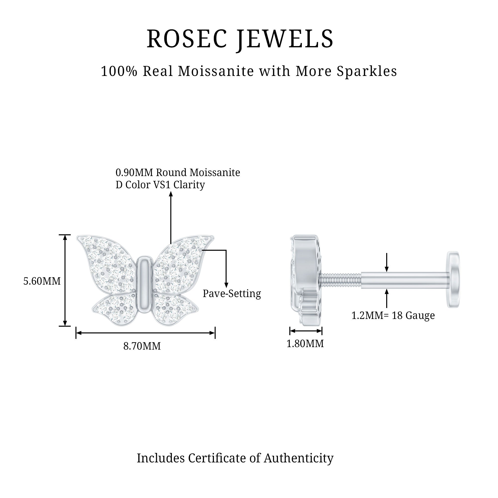 Exquisite Moissanite Butterfly Cartilage Earring D-VS1 - Rosec Jewels