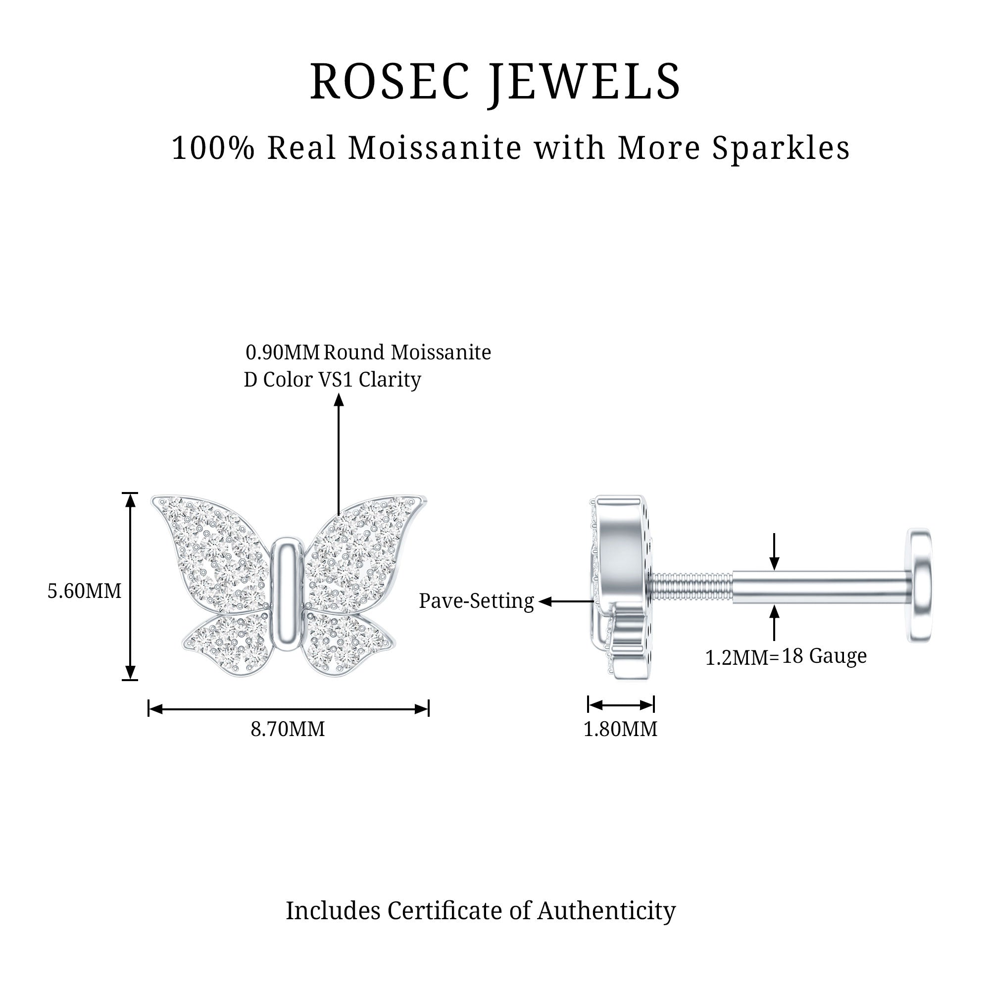 Exquisite Moissanite Butterfly Cartilage Earring D-VS1 - Rosec Jewels