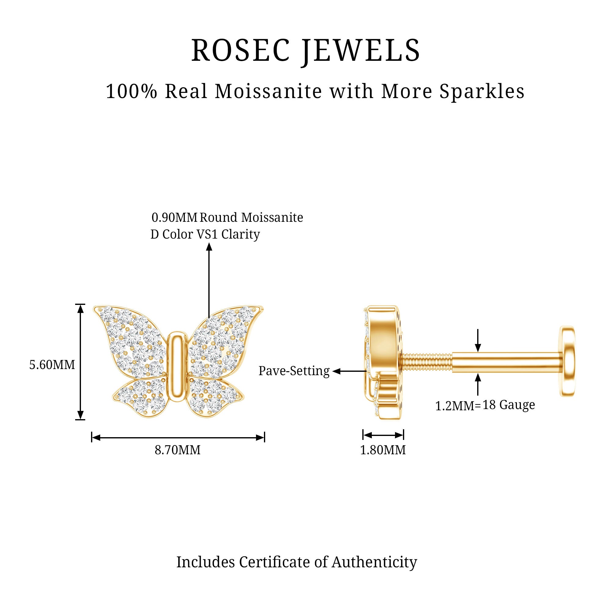Exquisite Moissanite Butterfly Cartilage Earring D-VS1 - Rosec Jewels