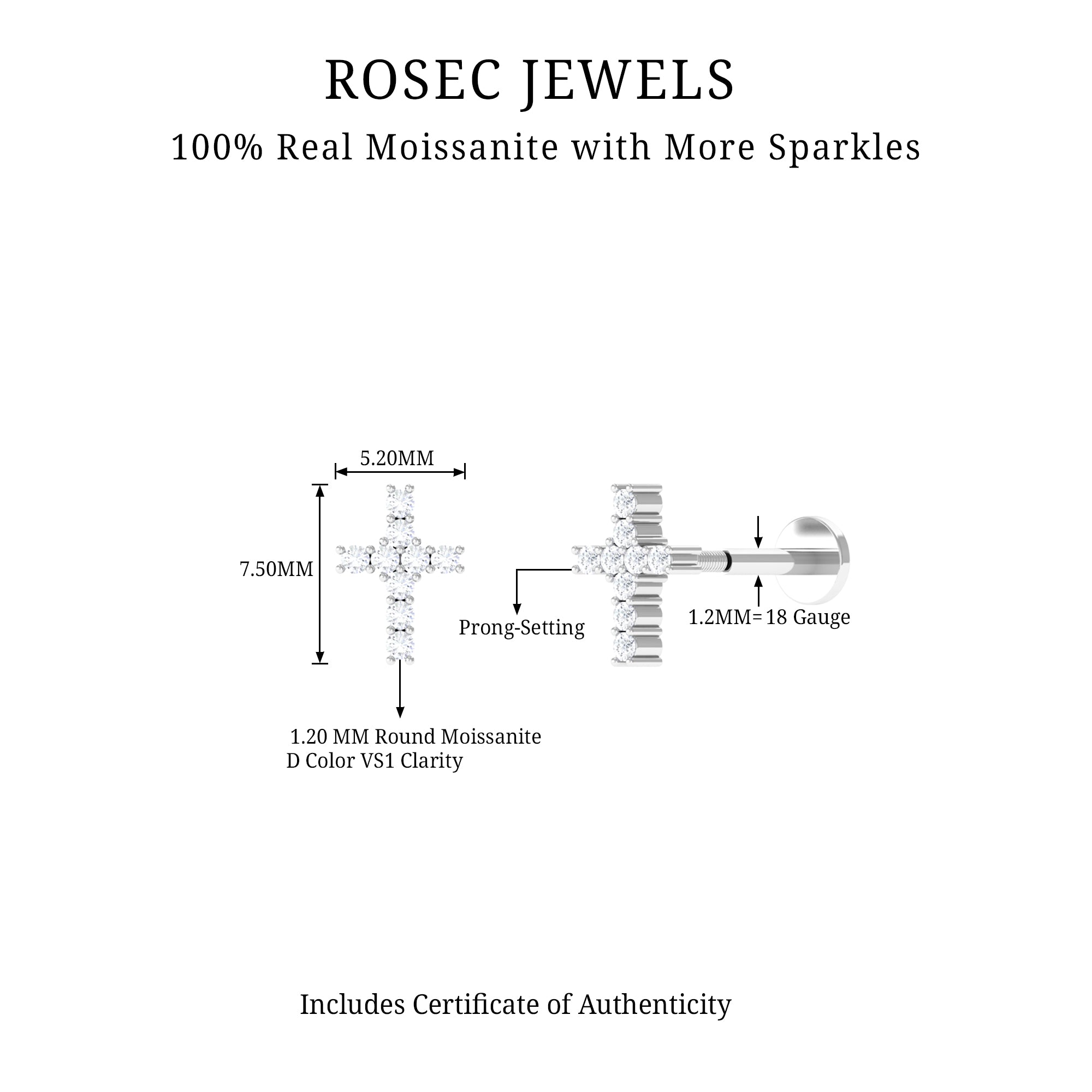 Minimalist Moissanite Cross Cartilage Earring D-VS1 - Rosec Jewels