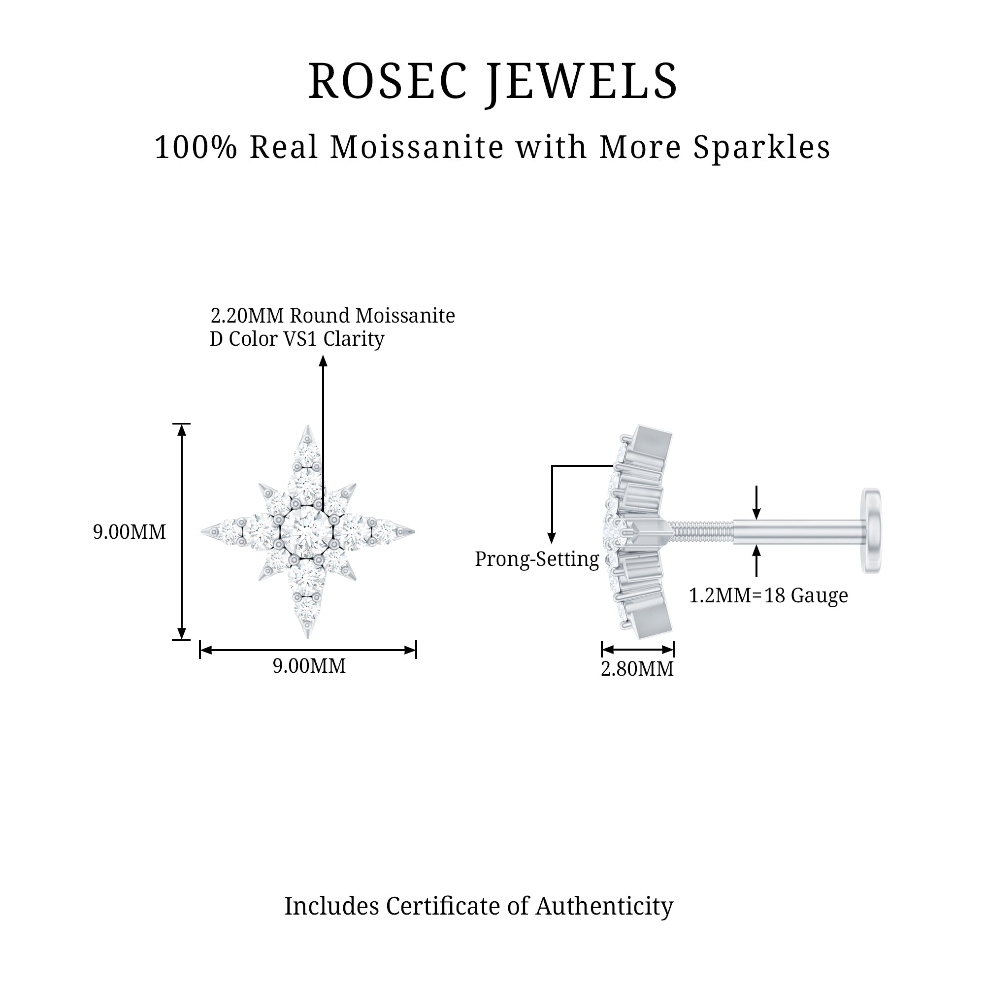 Moissanite Starburst Cartilage Earring with Flat Back D-VS1 - Rosec Jewels