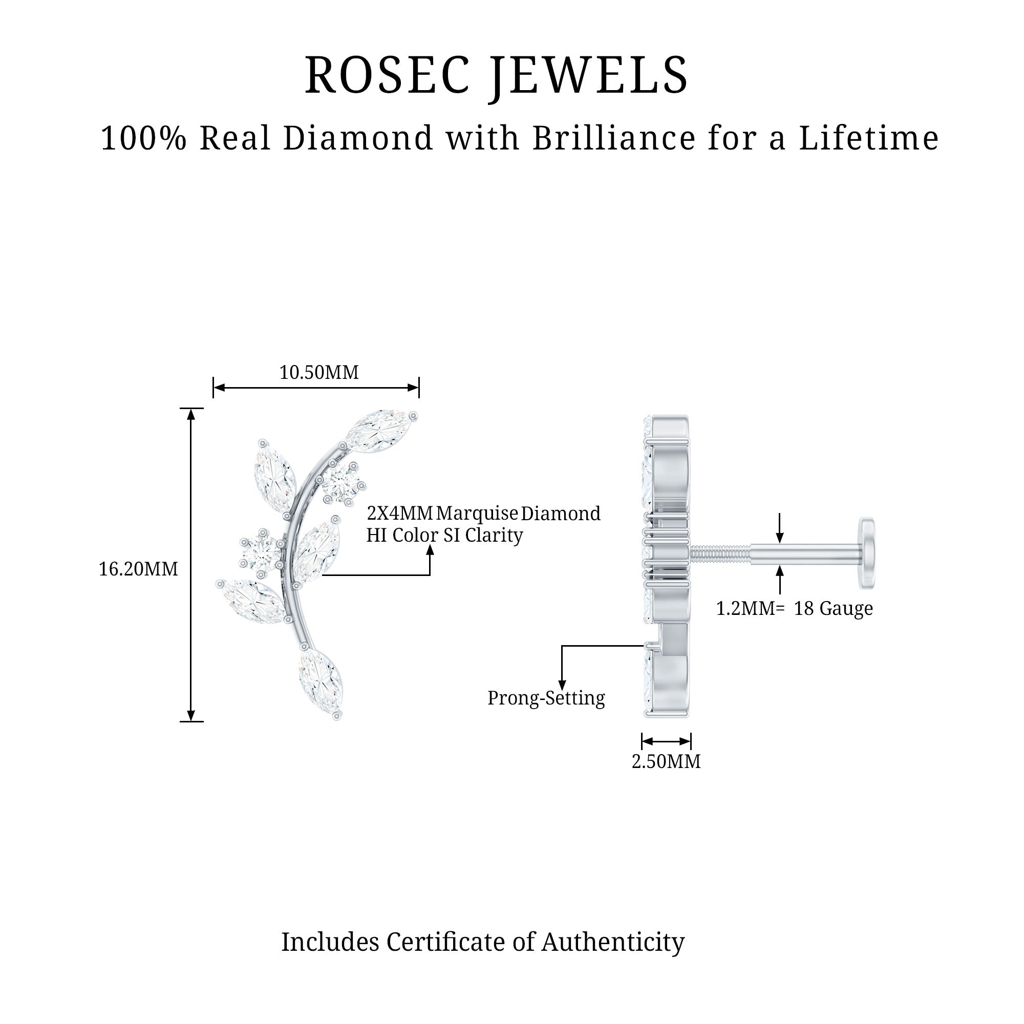Womens Marquise Diamond Leaf Crawler Earring Natural - ( HI-SI ) - Rosec Jewels