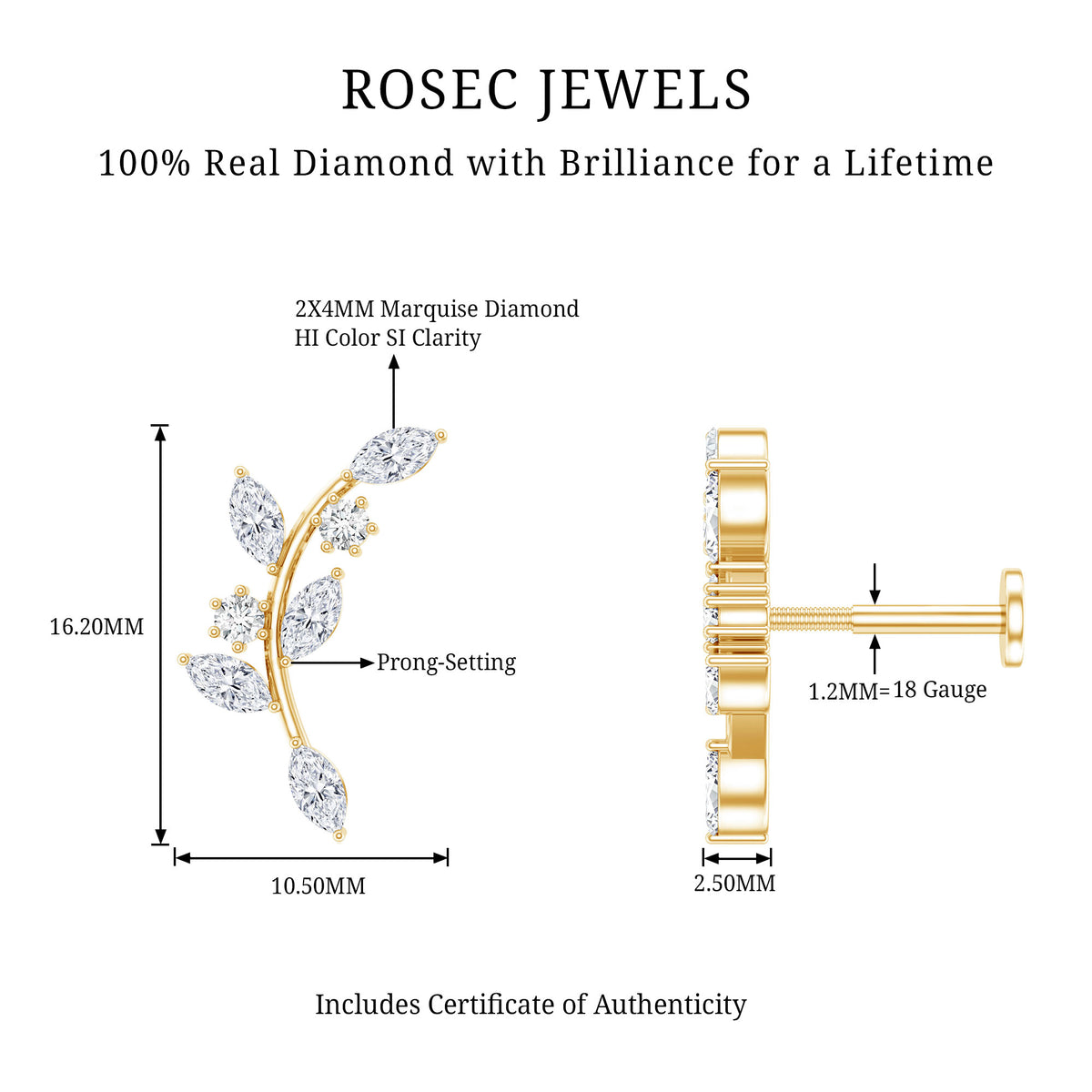 Womens Marquise Diamond Leaf Crawler Earring Natural - ( HI-SI ) - Rosec Jewels