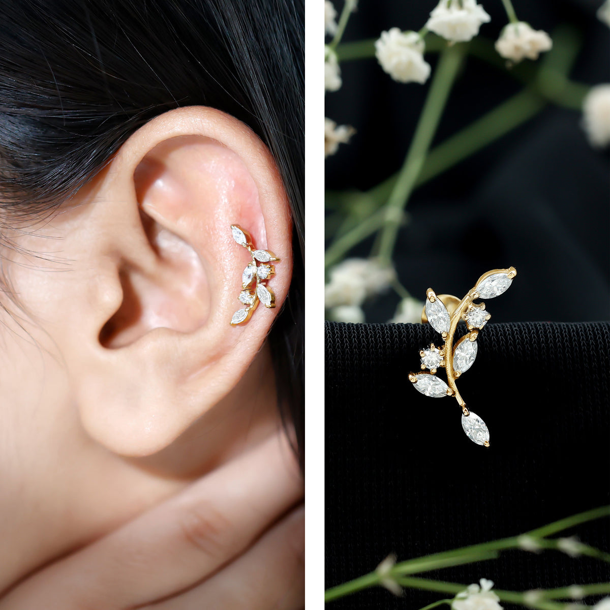Womens Marquise Diamond Leaf Crawler Earring Natural - ( HI-SI ) - Rosec Jewels