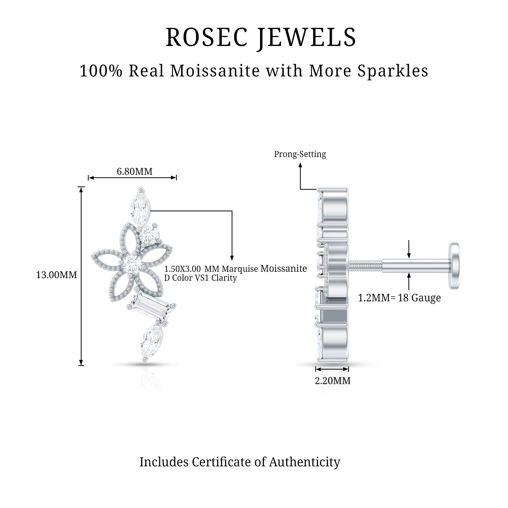 Unique Moissanite Flower Crawler Cartilage Earring D-VS1 - Rosec Jewels