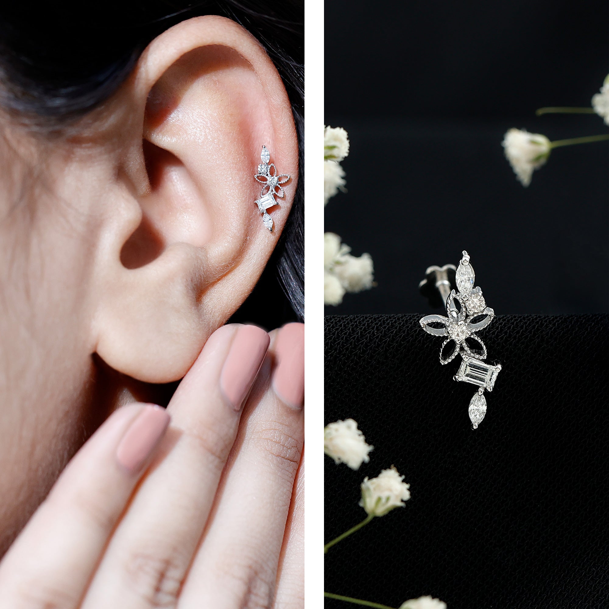 Unique Moissanite Flower Crawler Cartilage Earring D-VS1 - Rosec Jewels