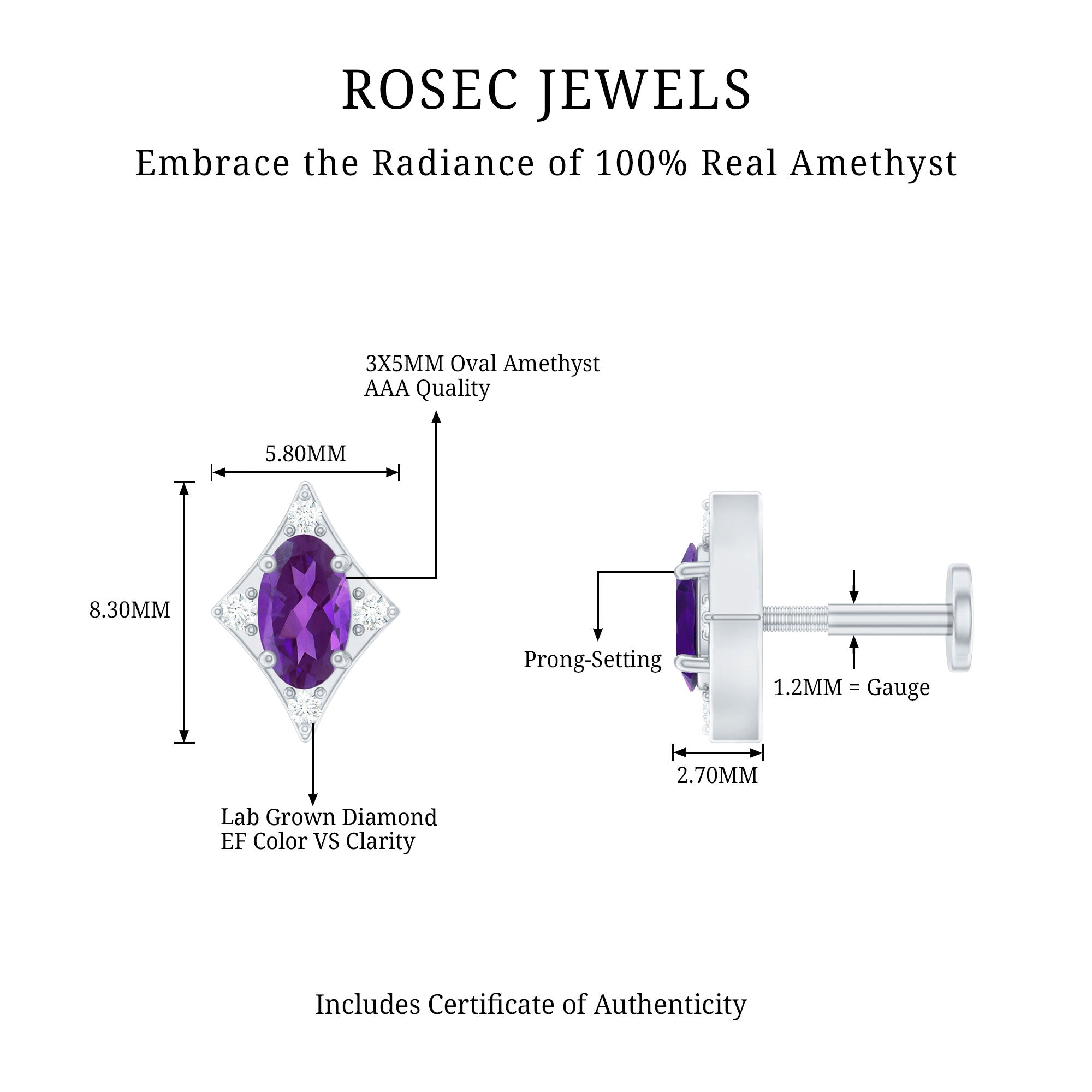 Oval Natural Amethyst Tragus Earring with Lab Grown Diamond AAA - Rosec Jewels