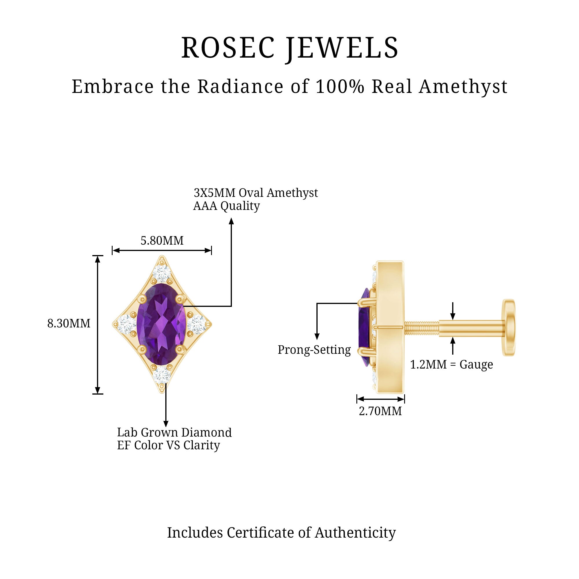 Oval Natural Amethyst Tragus Earring with Lab Grown Diamond AAA - Rosec Jewels