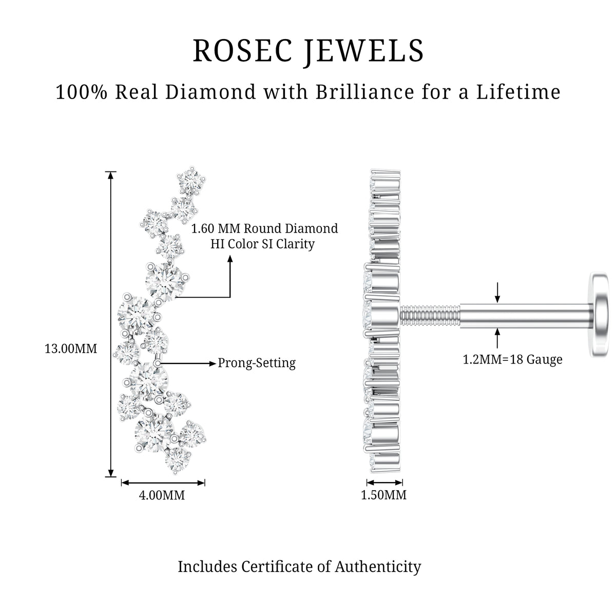 Diamond Cluster Crawler Earring for Helix Piercing Natural - ( HI-SI ) - Rosec Jewels