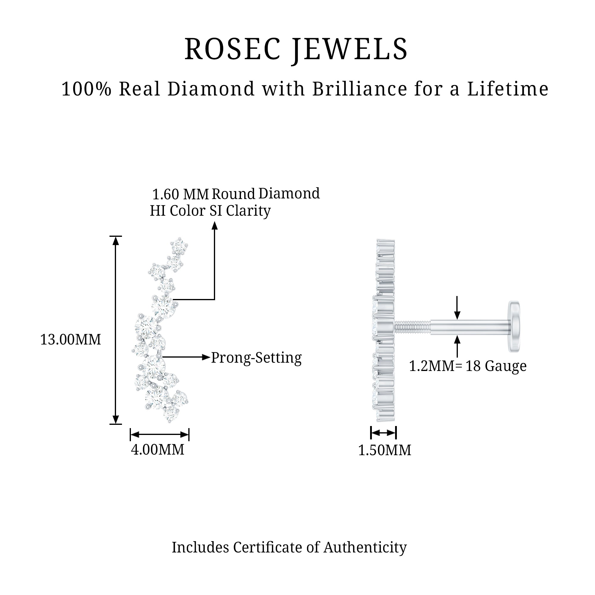 Natural Diamond Cluster Crawler Earring for Helix Piercing Natural - ( HI-SI ) - Rosec Jewels
