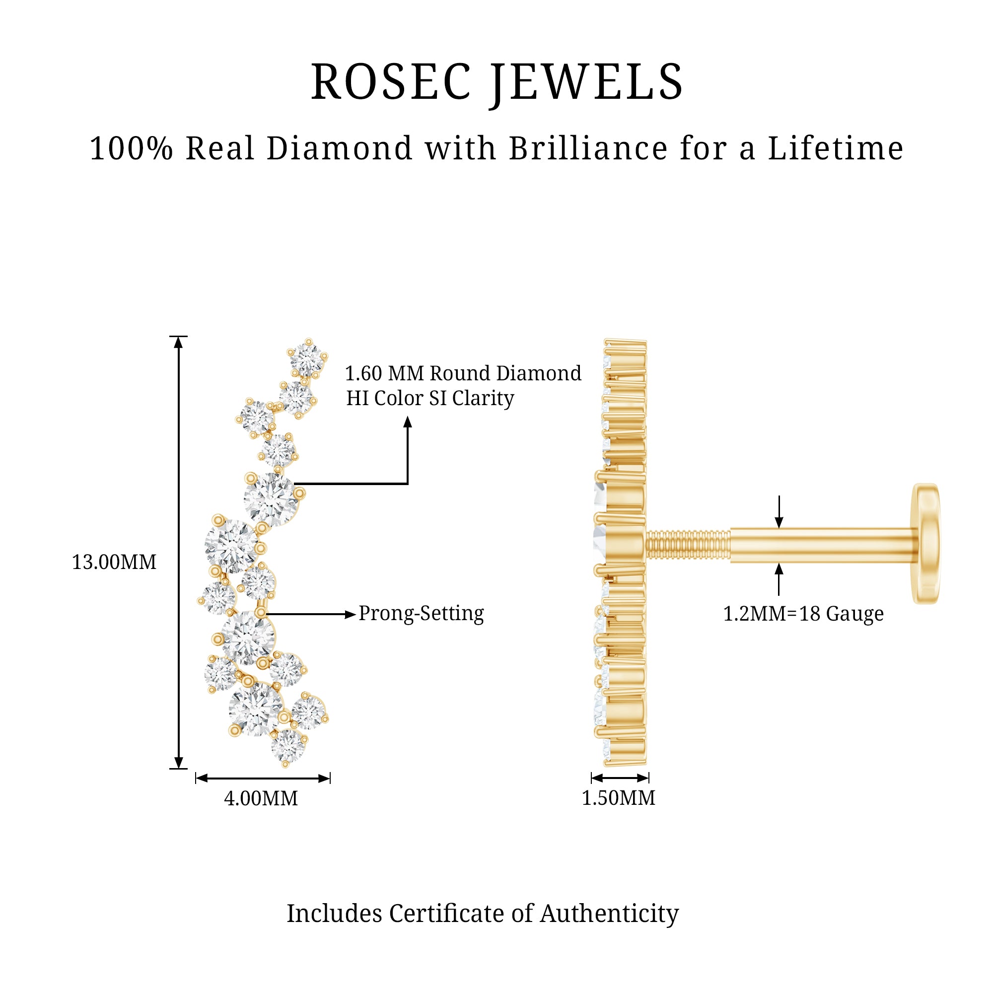 Natural Diamond Cluster Crawler Earring for Helix Piercing Natural - ( HI-SI ) - Rosec Jewels
