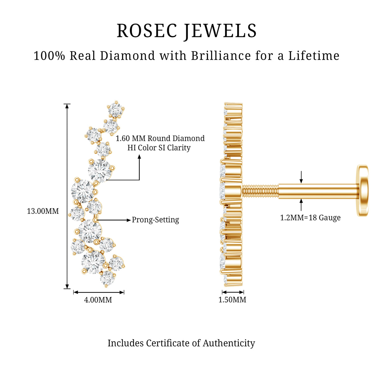 Diamond Cluster Crawler Earring for Helix Piercing Natural - ( HI-SI ) - Rosec Jewels