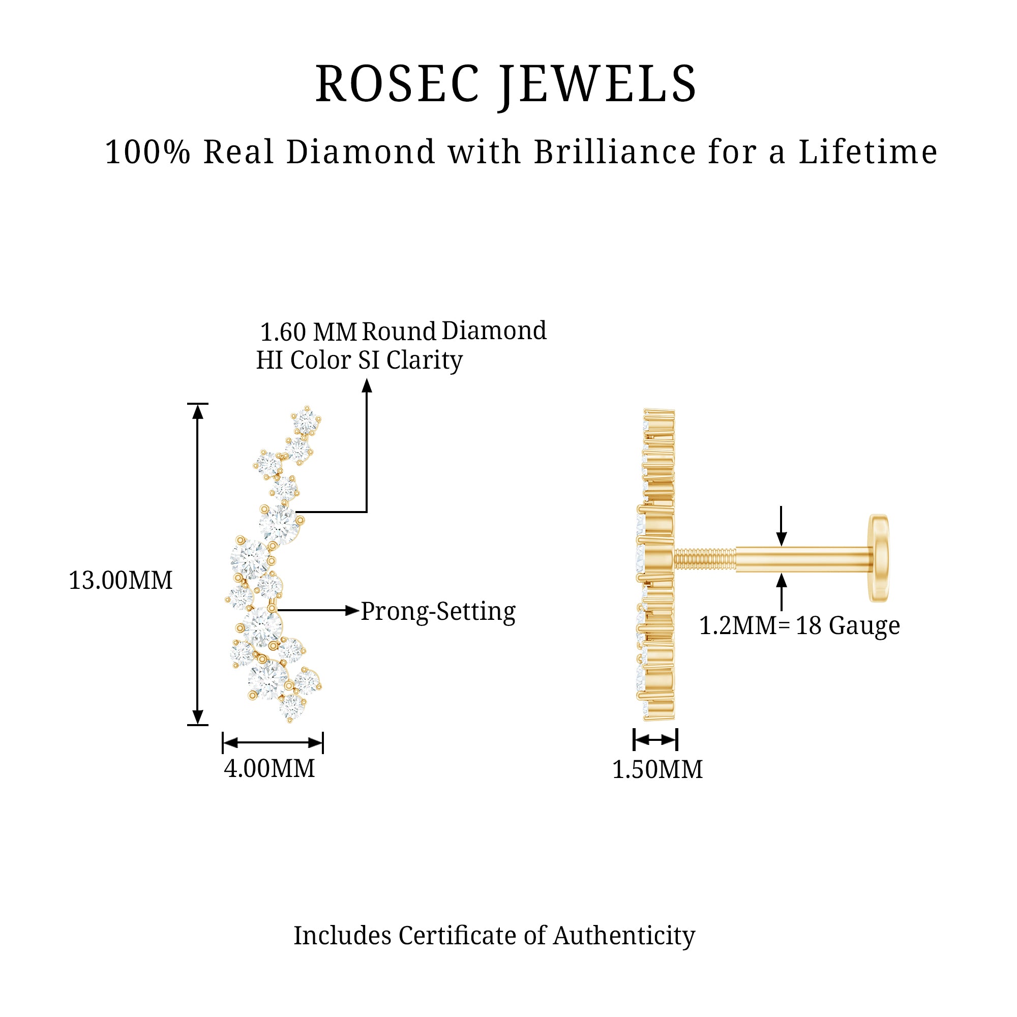 Natural Diamond Cluster Crawler Earring for Helix Piercing Natural - ( HI-SI ) - Rosec Jewels