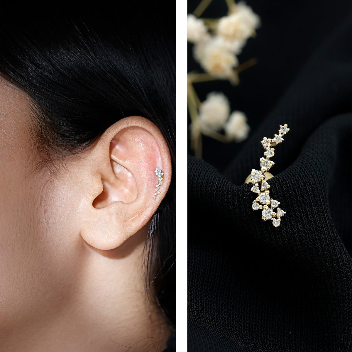 Diamond Cluster Crawler Earring for Helix Piercing Natural - ( HI-SI ) - Rosec Jewels