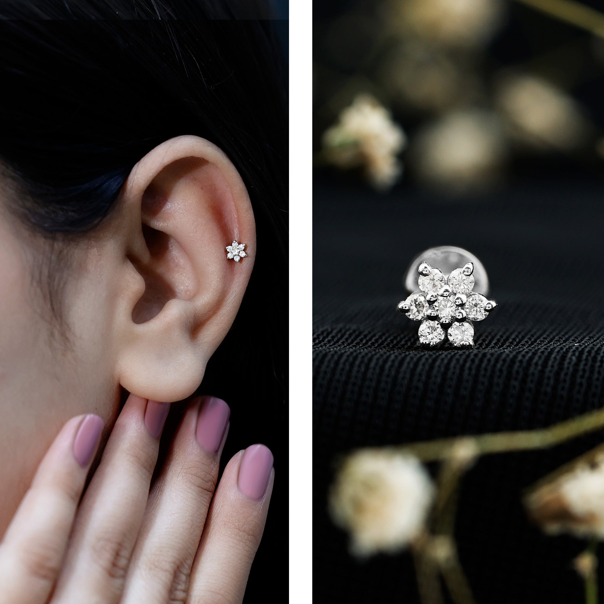 Tiny Moissanite Flower Cluster Earring for Conch Piercing D-VS1 - Rosec Jewels