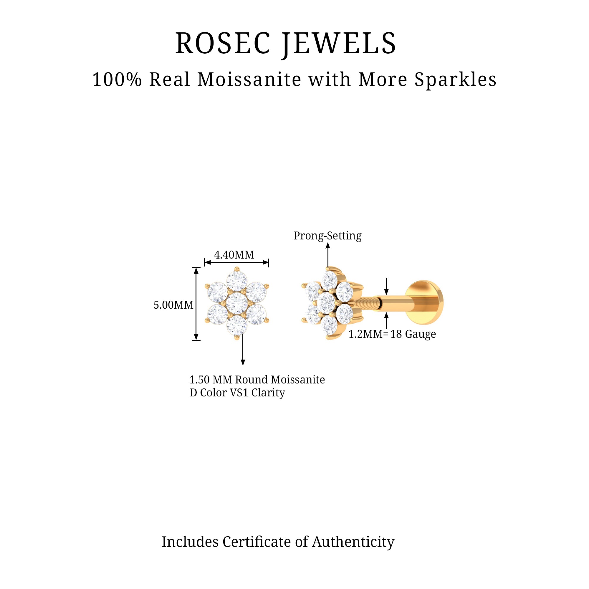 Tiny Moissanite Flower Cluster Earring for Conch Piercing D-VS1 - Rosec Jewels