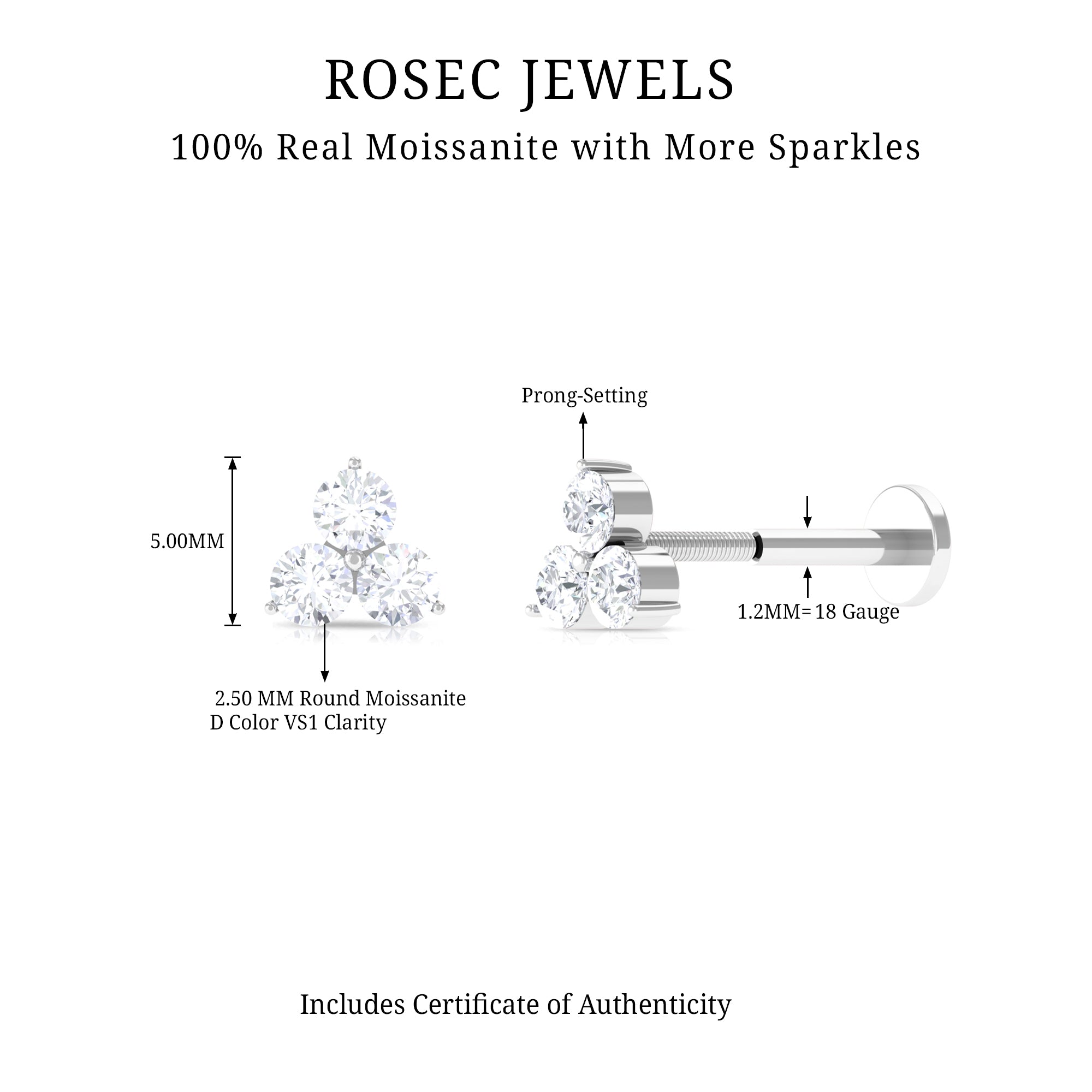 Tiny Moissanite Trio Flower Earring for Helix Piercing D-VS1 - Rosec Jewels