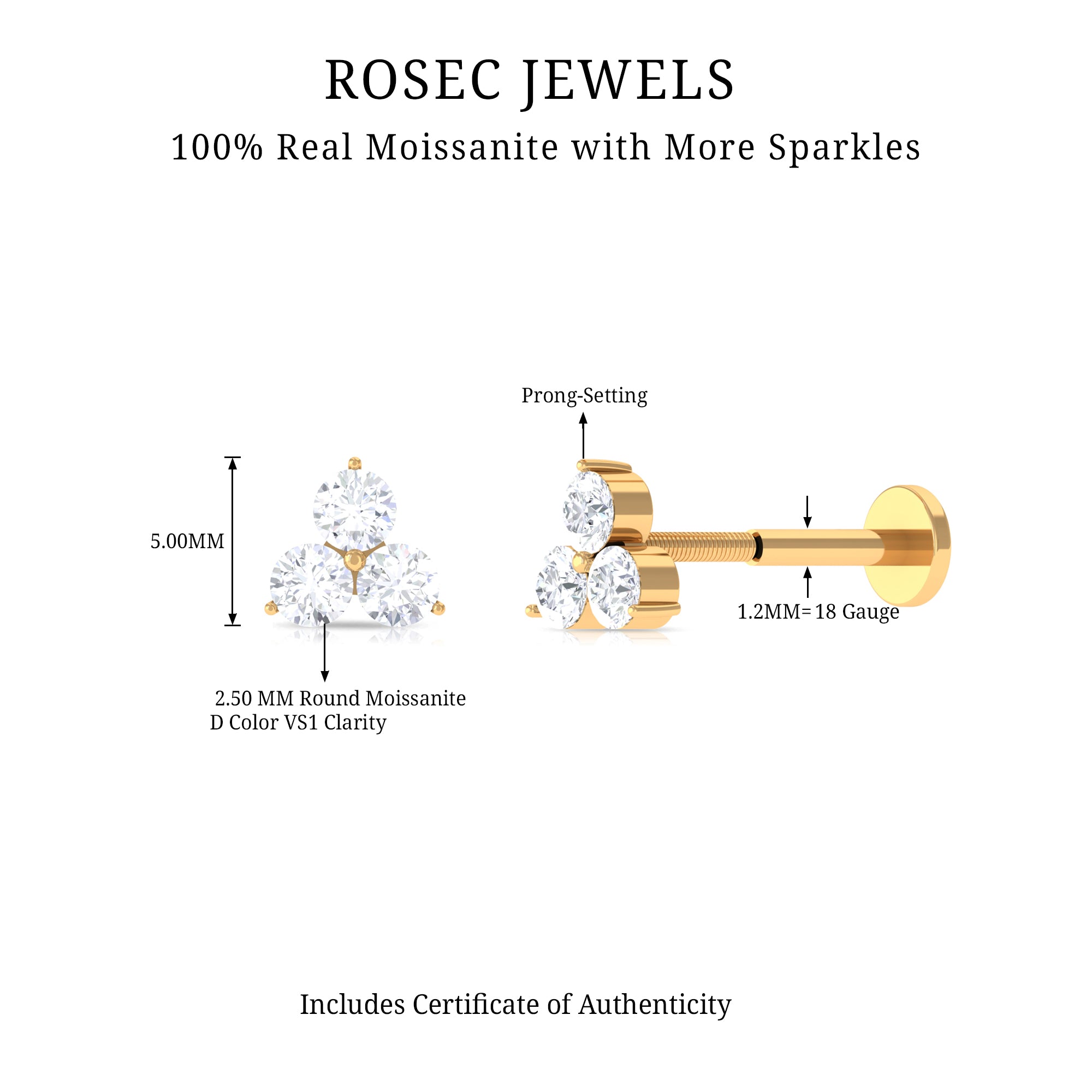 Tiny Moissanite Trio Flower Earring for Helix Piercing D-VS1 - Rosec Jewels