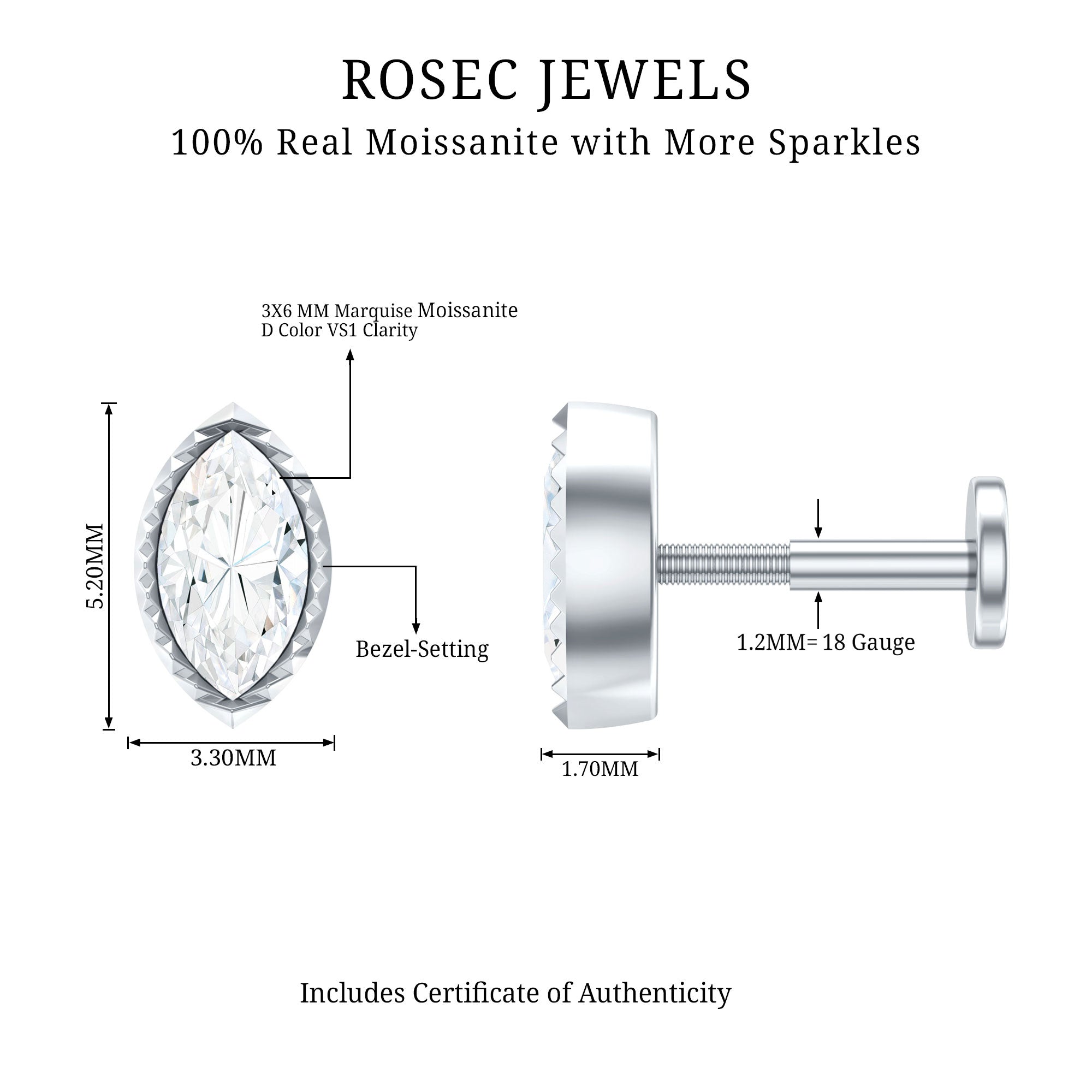 Marquise Moissanite Solitaire Tragus Earring in Bezel Setting D-VS1 - Rosec Jewels