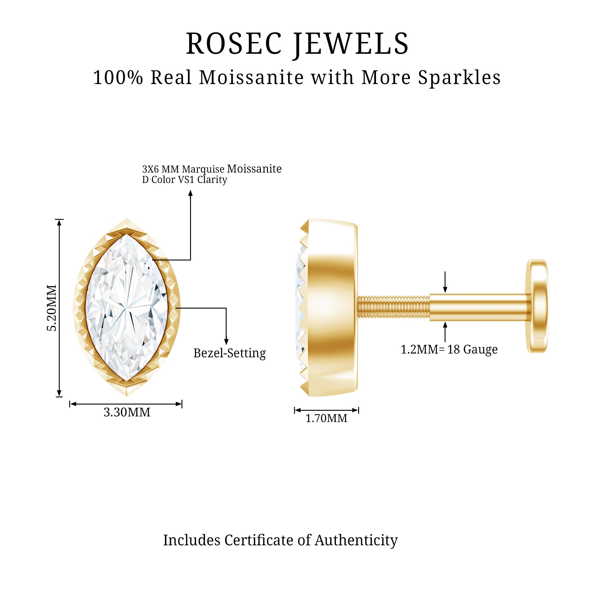 Marquise Moissanite Solitaire Tragus Earring in Bezel Setting D-VS1 - Rosec Jewels