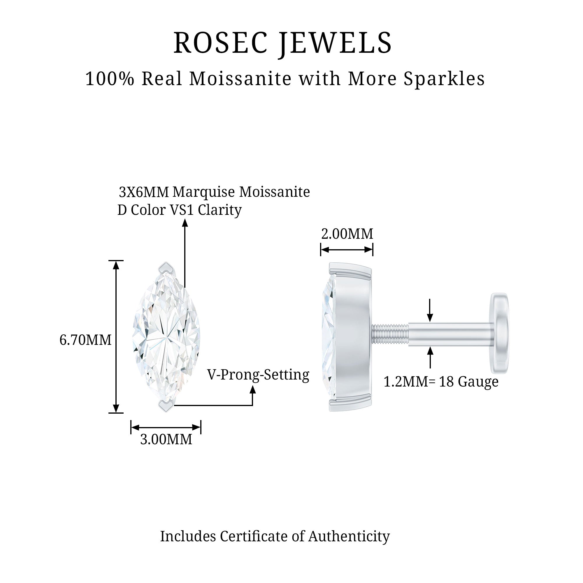 Minimalist Marquise Moissanite Tragus Earring D-VS1 - Rosec Jewels