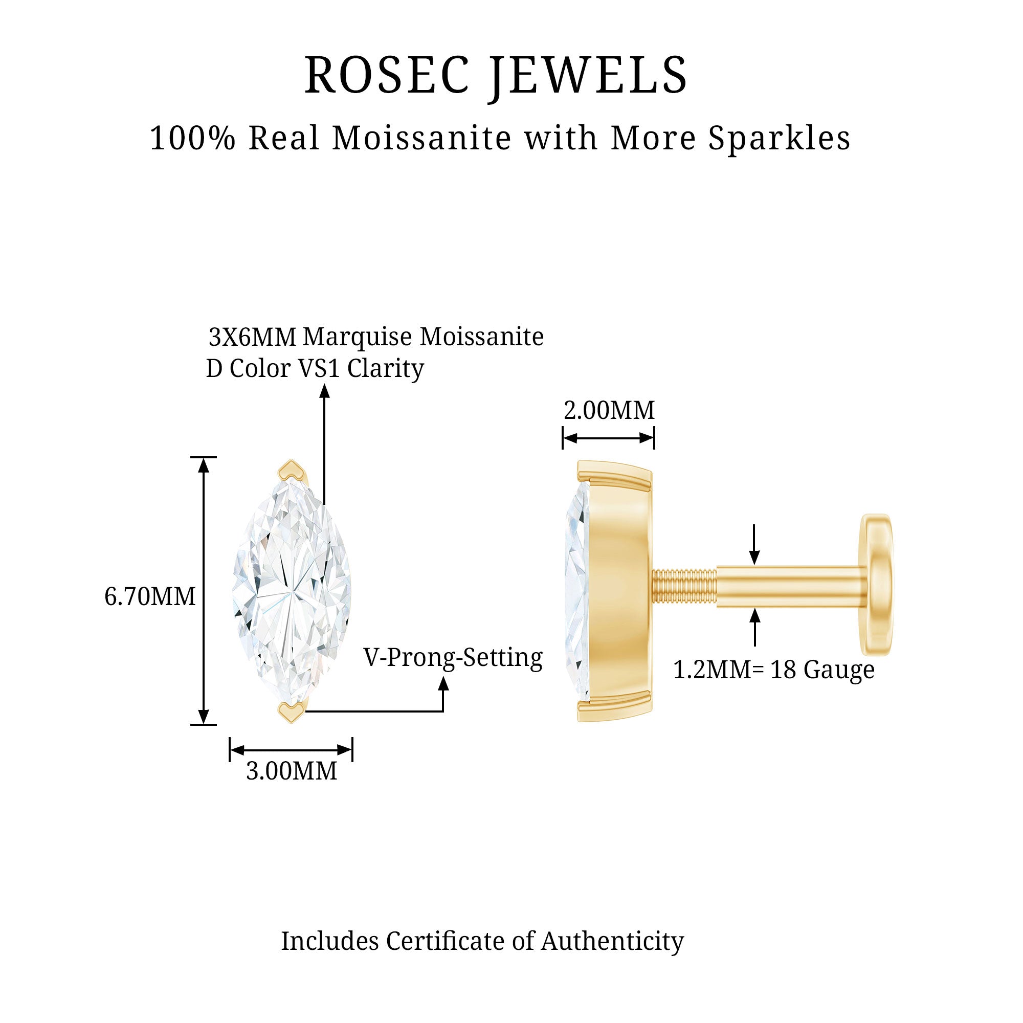 Minimalist Marquise Moissanite Tragus Earring D-VS1 - Rosec Jewels
