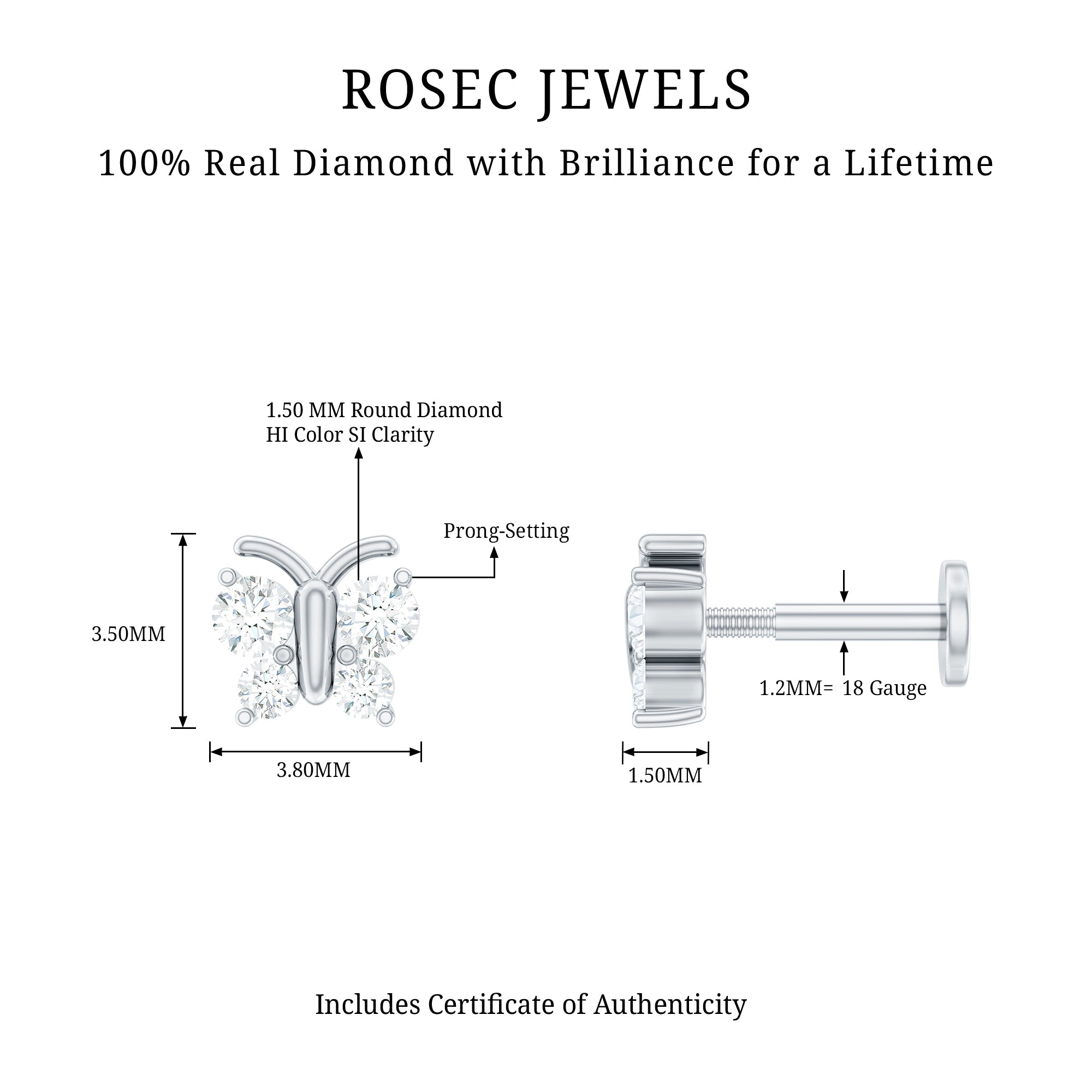 Natural Diamond Butterfly Earring for Cartilage Piercing Natural - ( HI-SI ) - Rosec Jewels