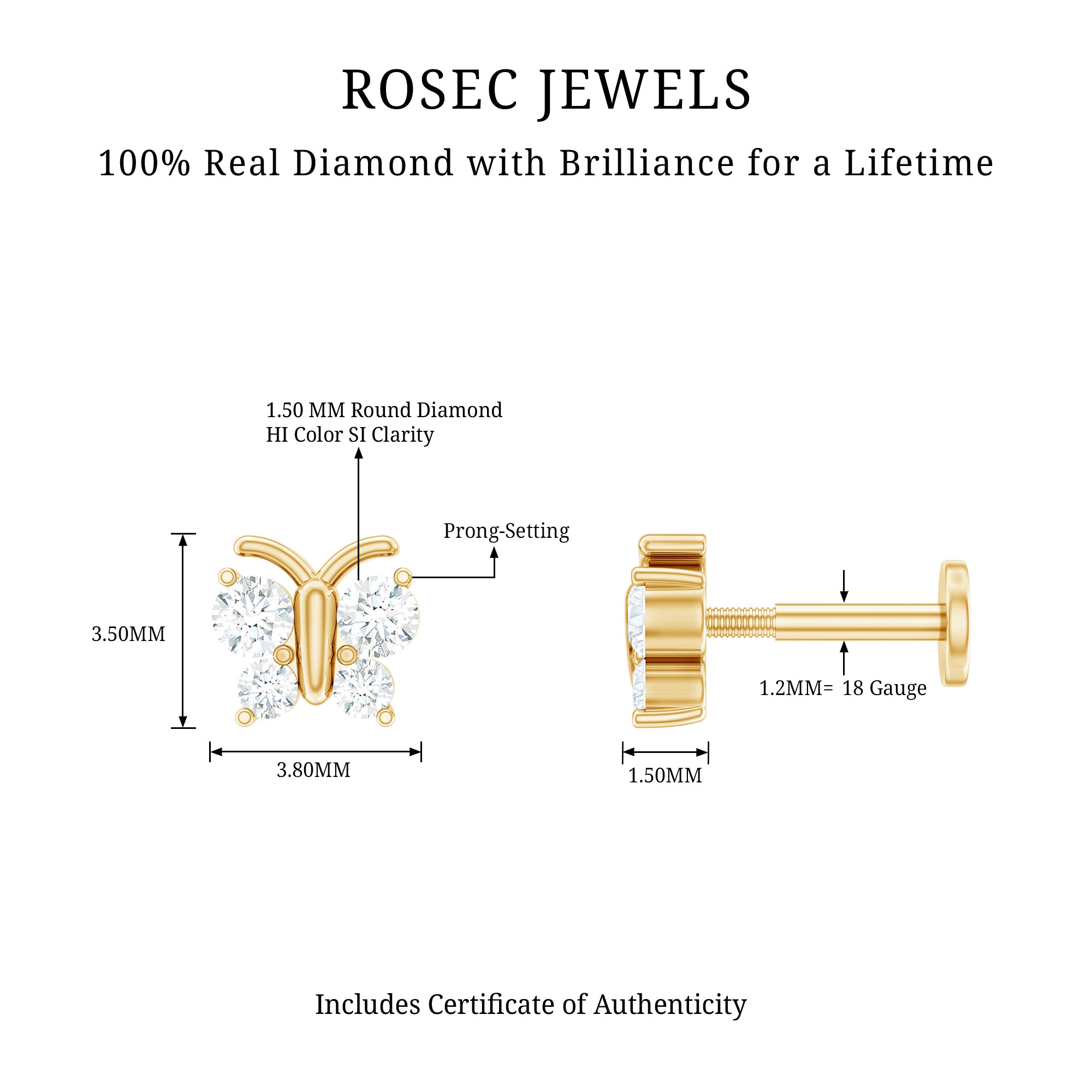Natural Diamond Butterfly Earring for Cartilage Piercing Natural - ( HI-SI ) - Rosec Jewels