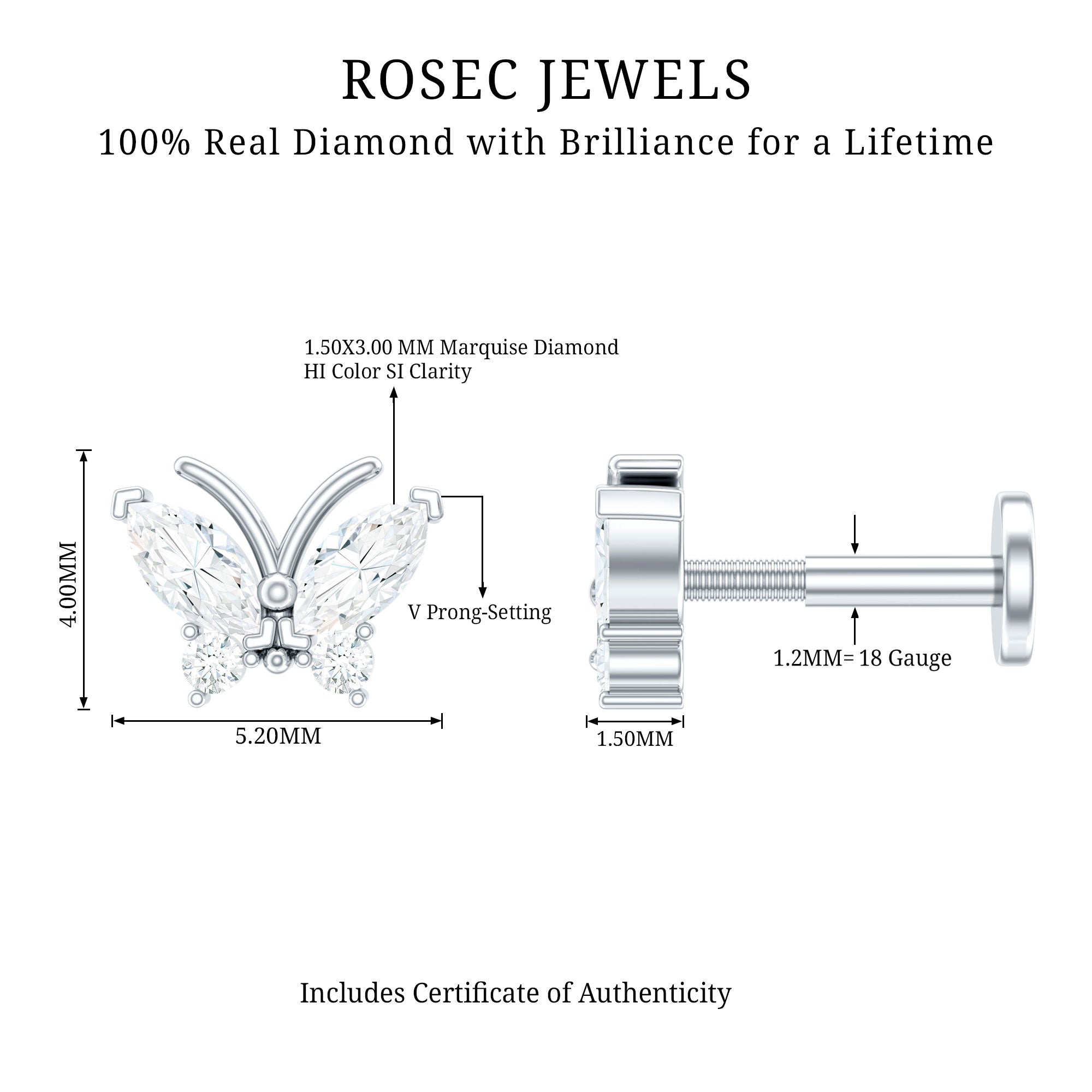 Natural Diamond Butterfly Earring for Helix Piercing Natural - ( HI-SI ) - Rosec Jewels