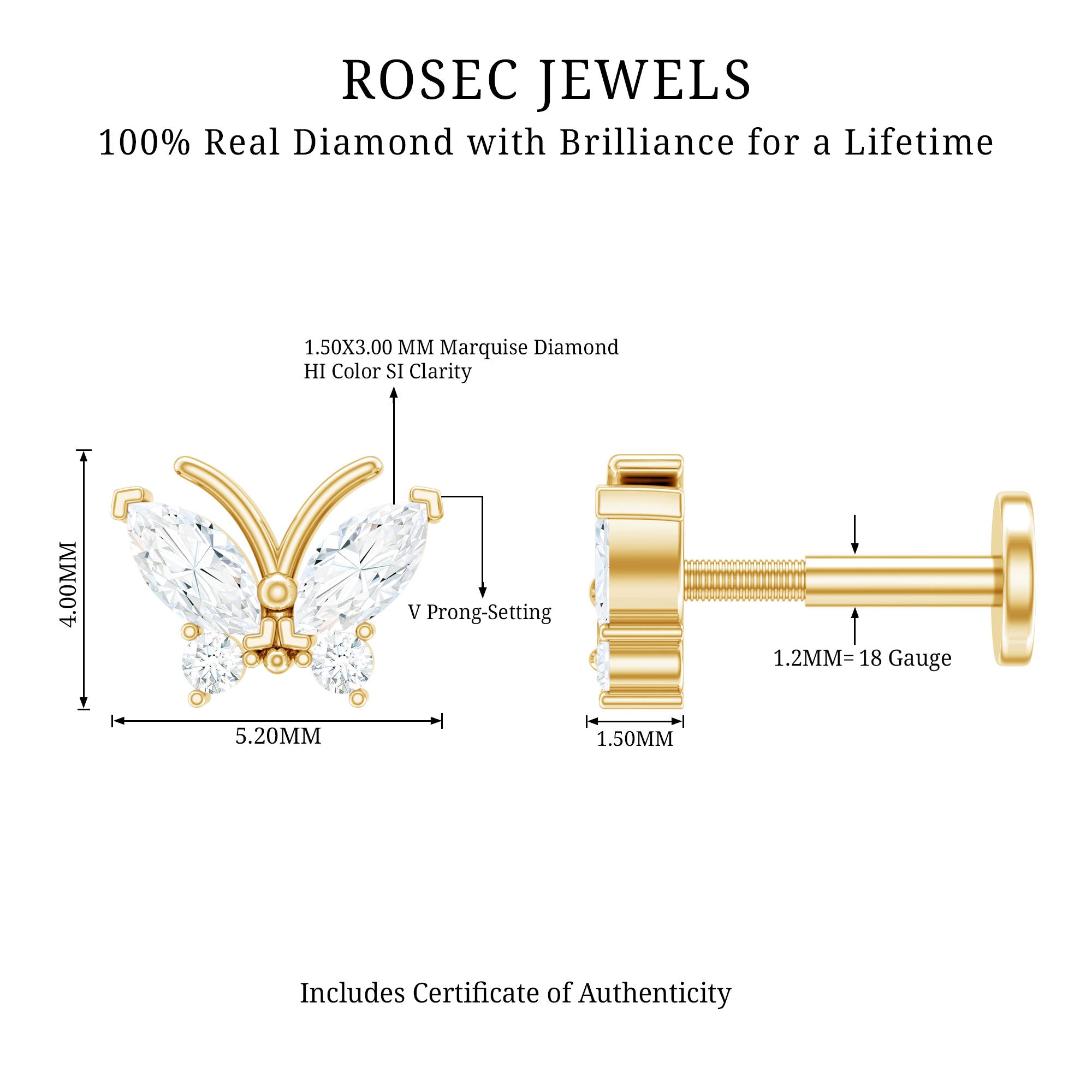 Natural Diamond Butterfly Earring for Helix Piercing Natural - ( HI-SI ) - Rosec Jewels