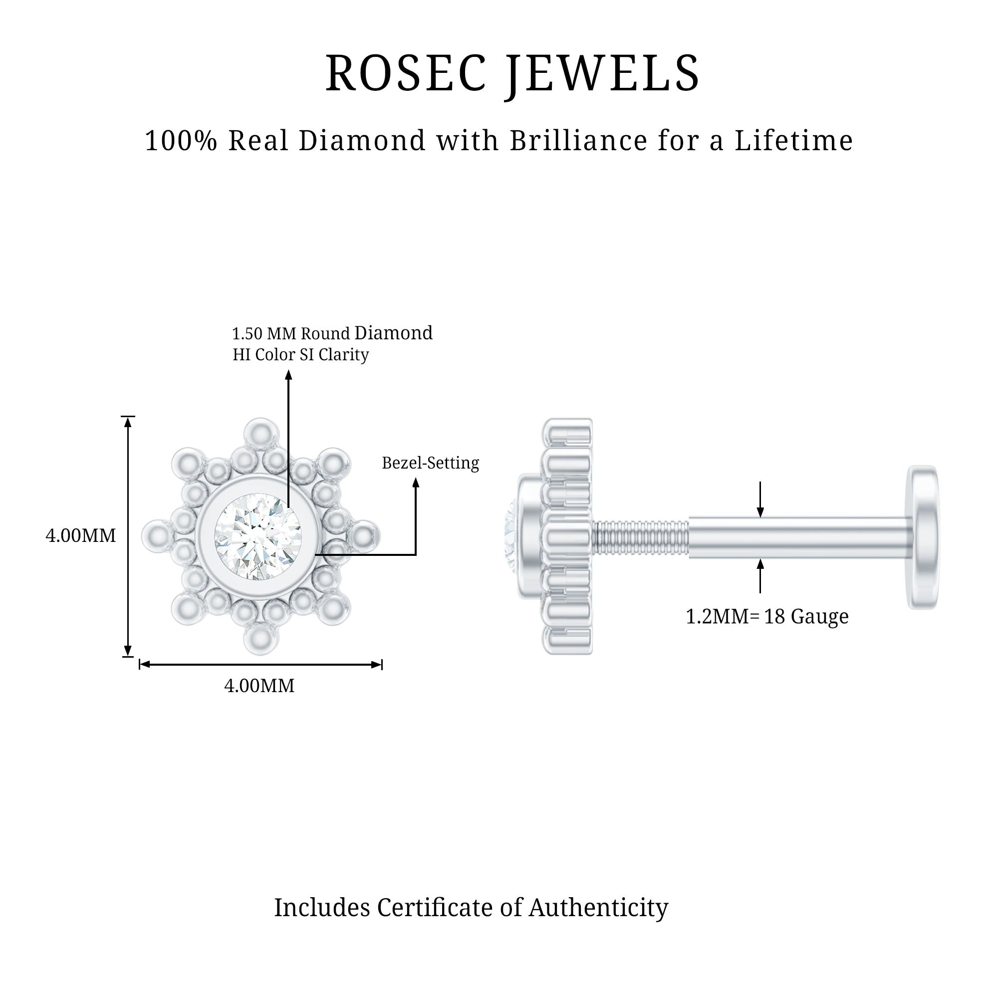 Minimal Diamond Cartilage Earring Stud with Flat Back Natural - ( HI-SI ) - Rosec Jewels