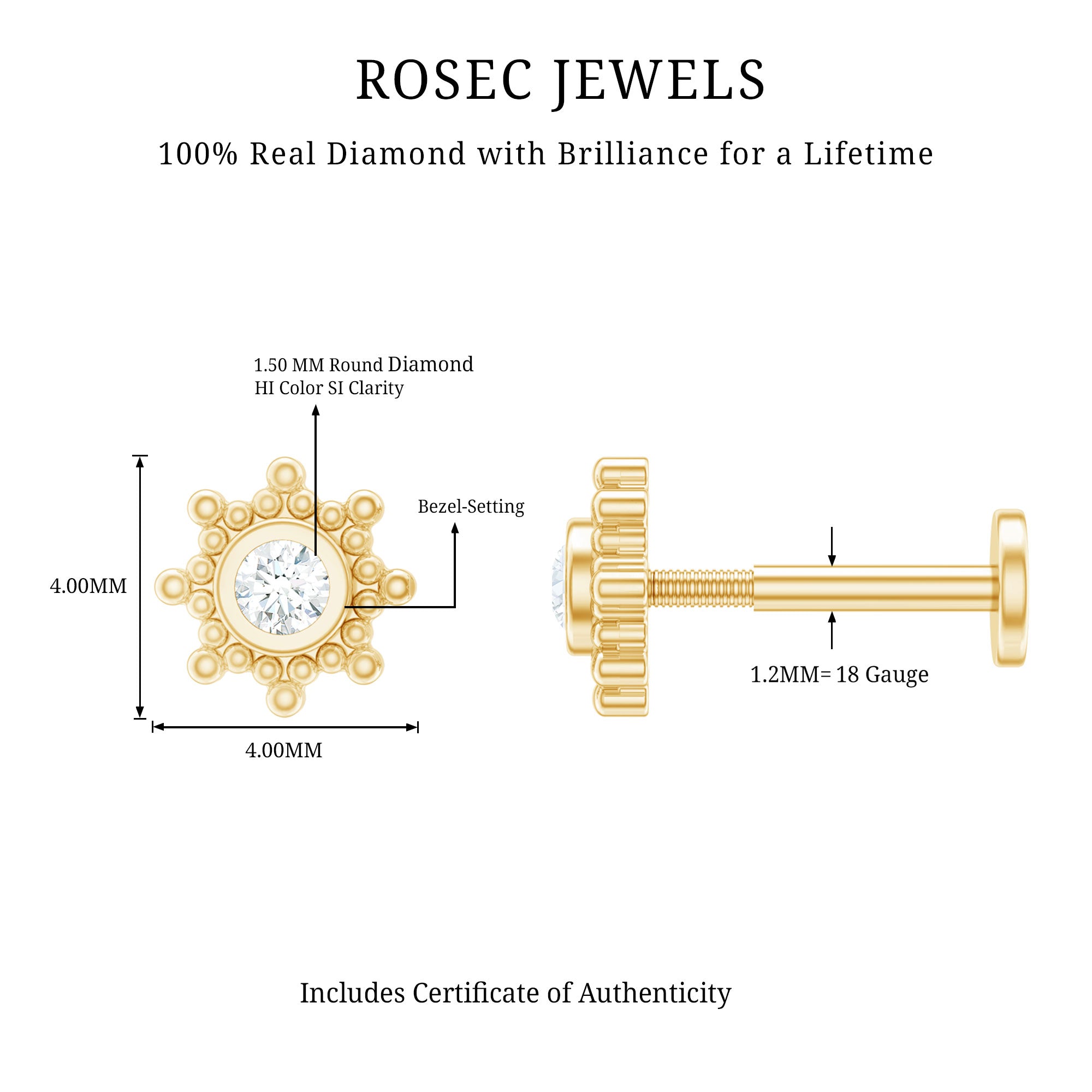 Minimal Diamond Cartilage Earring Stud with Flat Back Natural - ( HI-SI ) - Rosec Jewels
