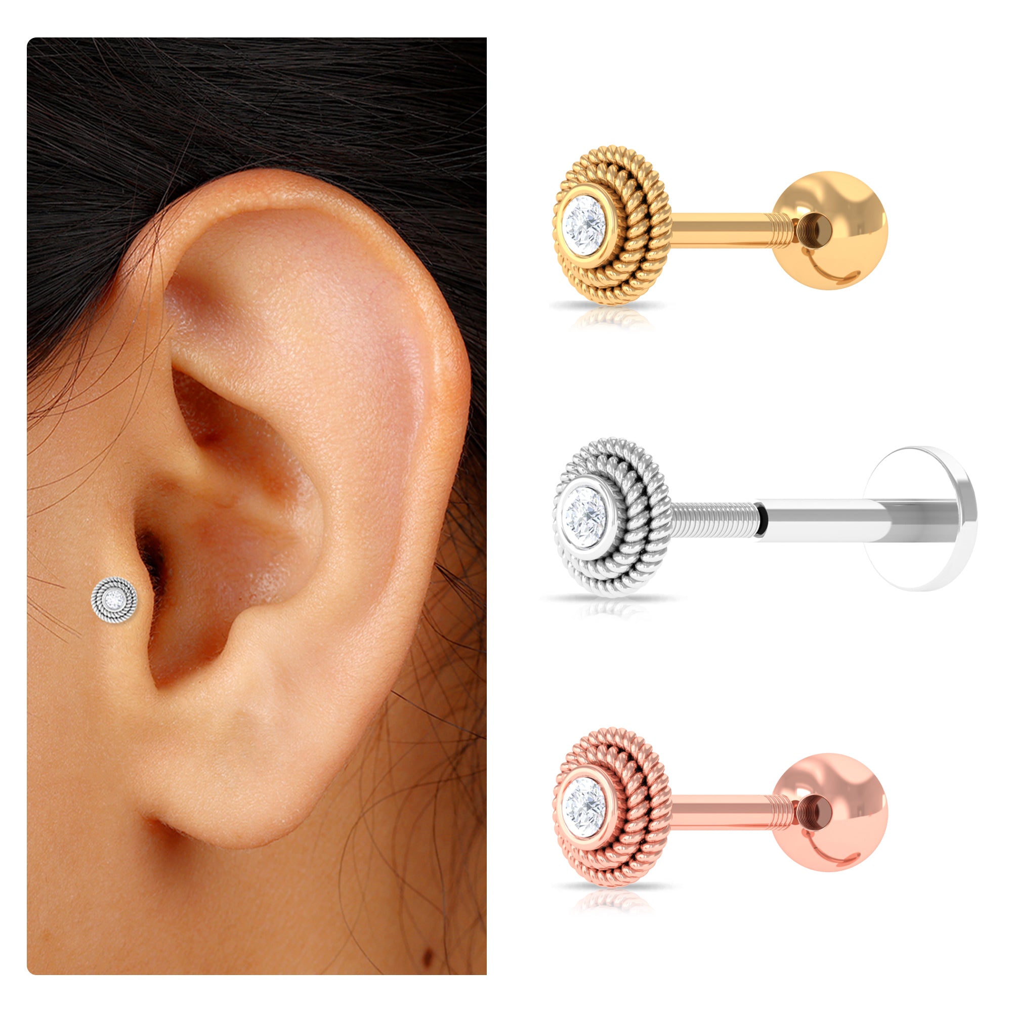 Minimal Diamond Conch Earring in Bezel Setting Natural - ( HI-SI ) - Rosec Jewels