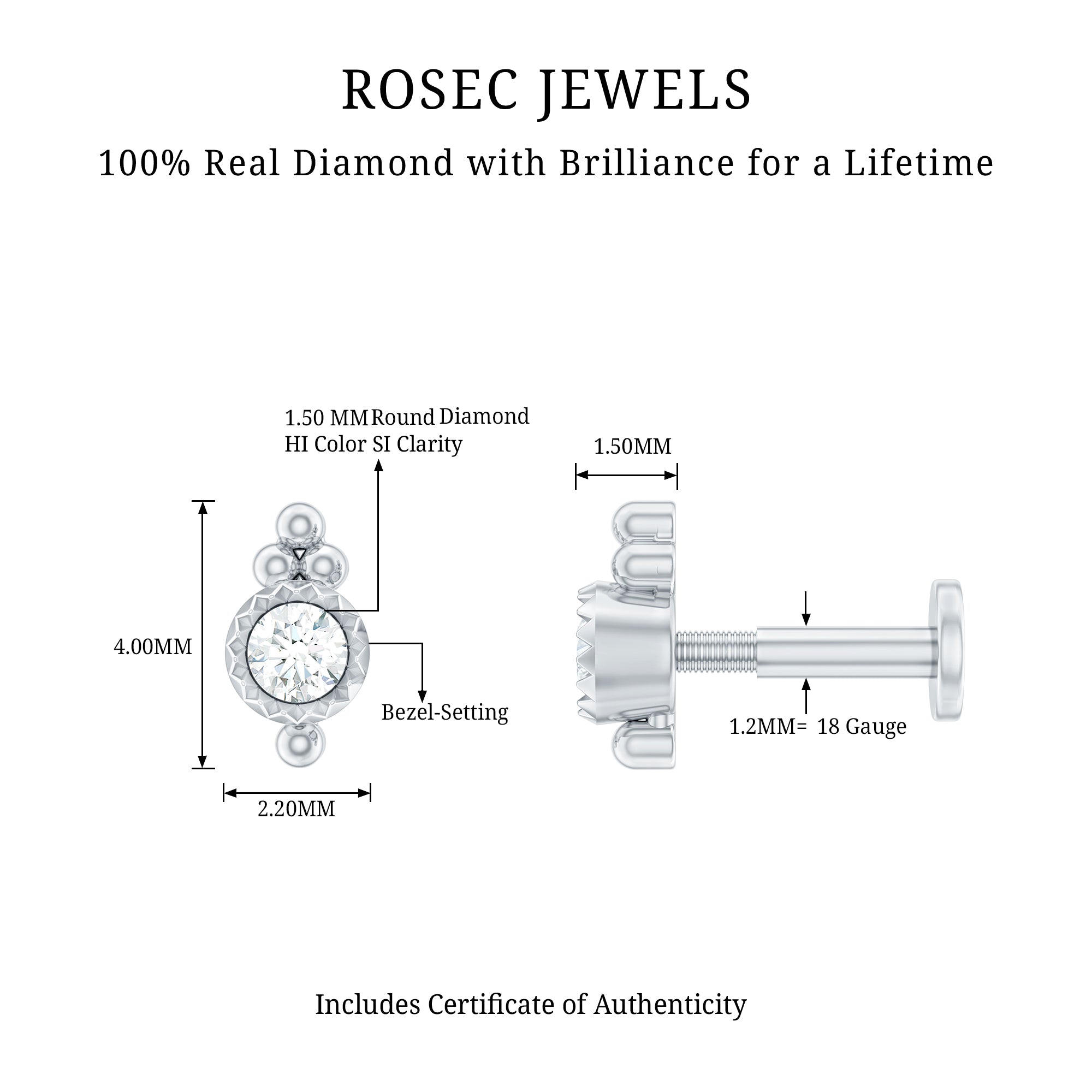 Natural Certified Diamond Conch Earring Natural - ( HI-SI ) - Rosec Jewels