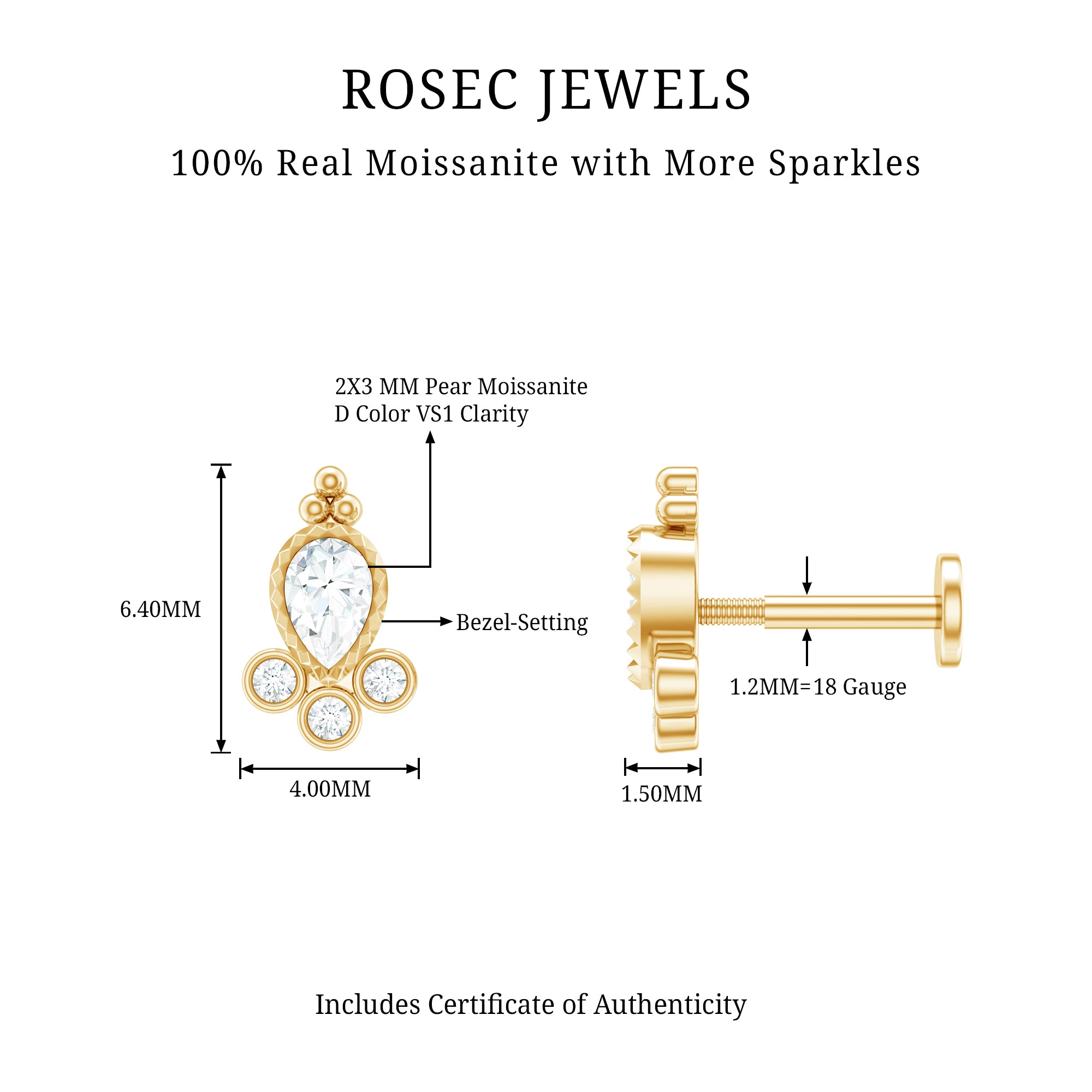 Vintage Style Moissanite Tragus Earring in Bezel Setting D-VS1 - Rosec Jewels