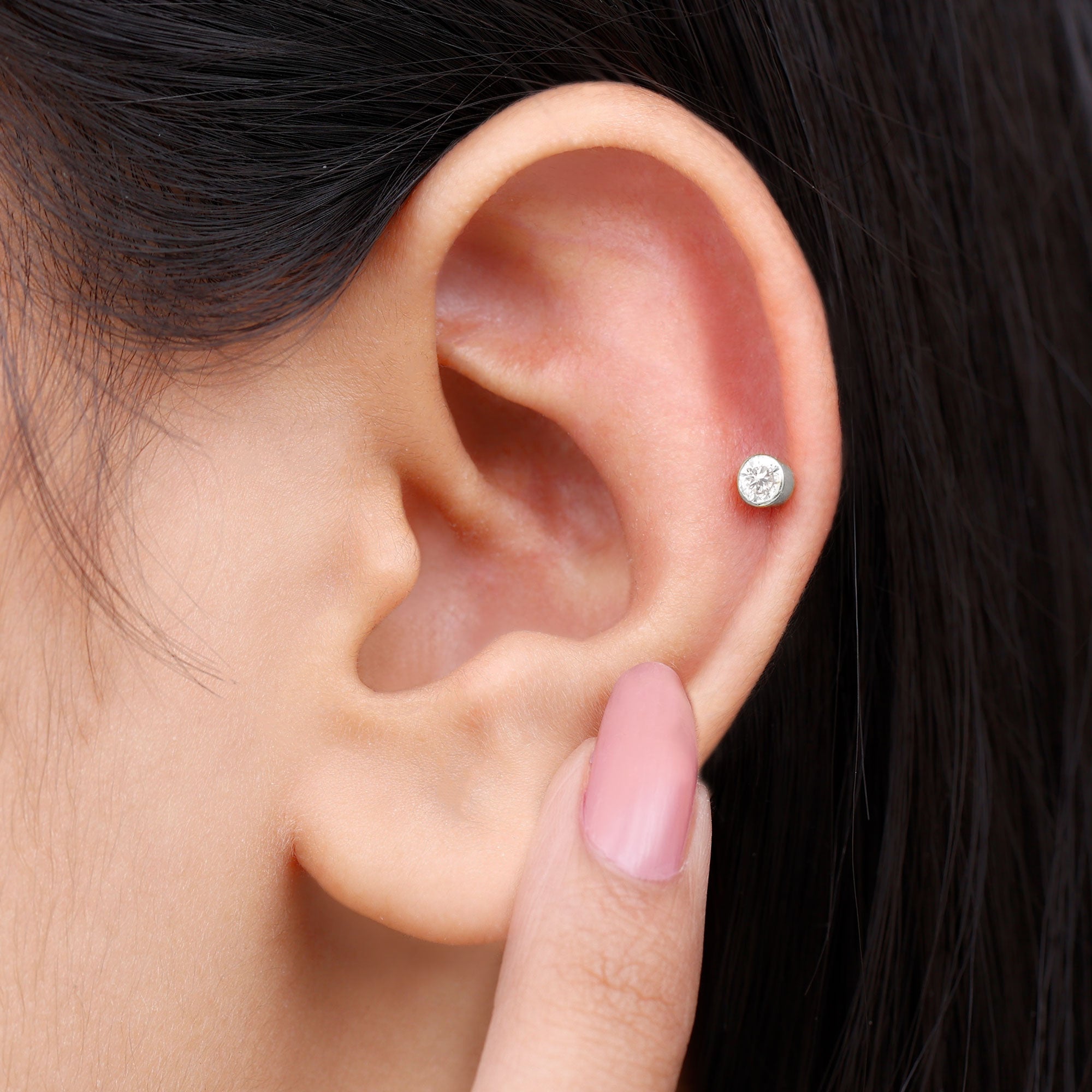 Bezel Set Diamond Cartilage Earring with Flat Back Natural - ( HI-SI ) - Rosec Jewels
