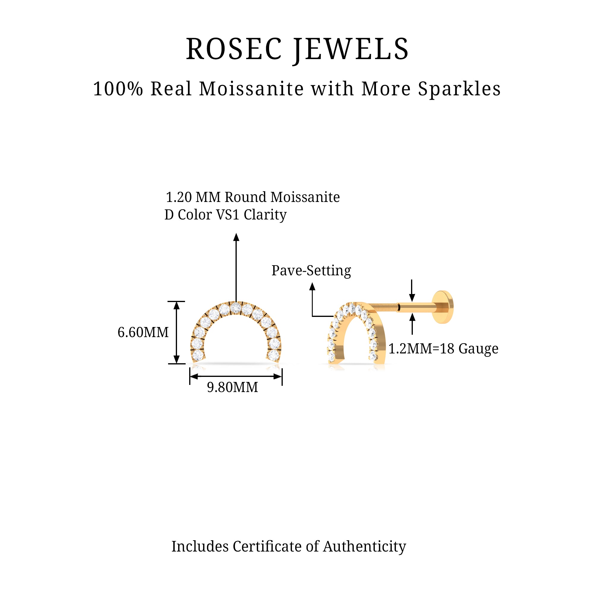 Moissanite Half Circle Earring for Helix Piercing D-VS1 - Rosec Jewels